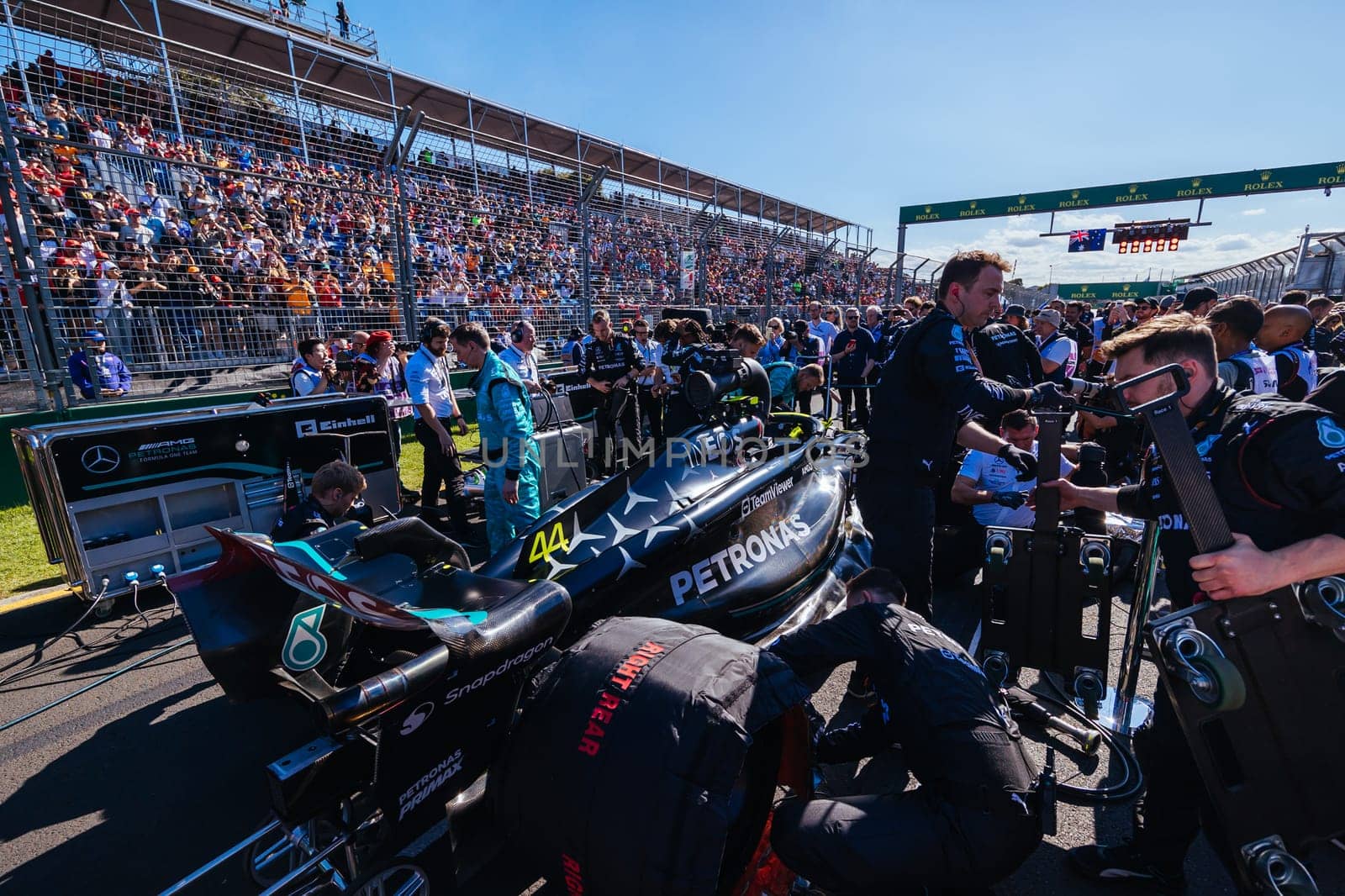 MELBOURNE, AUSTRALIA - APRIL 2: Mercedes-AMG PETRONAS Formula One Team before race start during the 2023 Australian Grand Prix at Albert Park on April 2, 2023 in Melbourne, Australia.