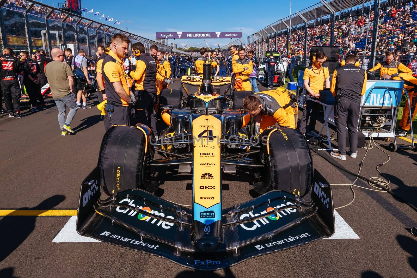 MELBOURNE, AUSTRALIA - APRIL 2: McLaren Formula 1 Team before race start at the 2023 Australian Formula 1 Grand Prix on 2nd April 2023