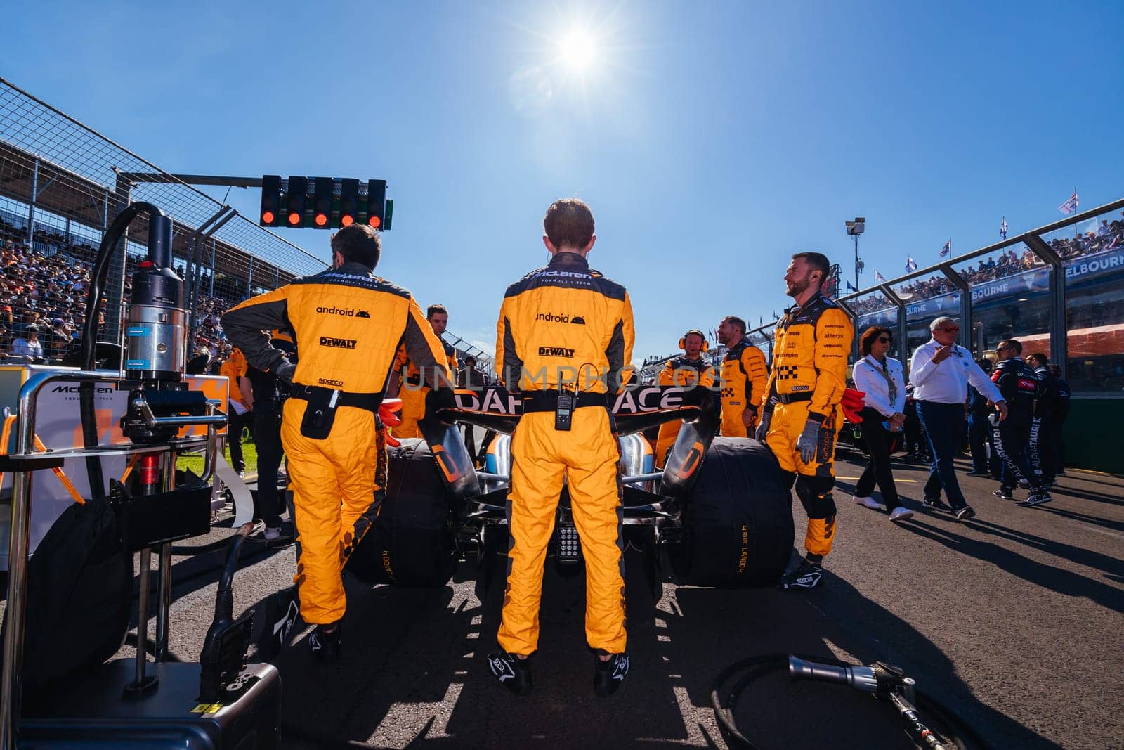 MELBOURNE, AUSTRALIA - APRIL 2: McLaren Formula 1 Team before race start at the 2023 Australian Formula 1 Grand Prix on 2nd April 2023