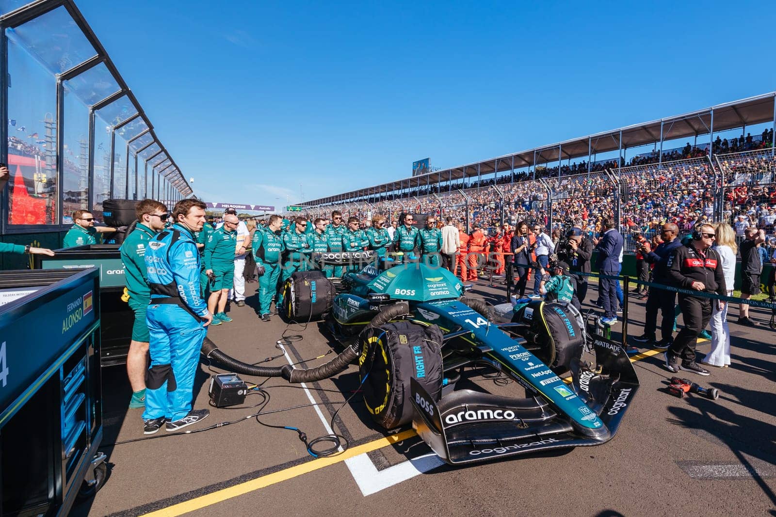 MELBOURNE, AUSTRALIA - APRIL 2: Aston Martin Aramco Cognizant Formula One Team before race start during the 2023 Australian Grand Prix at Albert Park on April 2, 2023 in Melbourne, Australia.