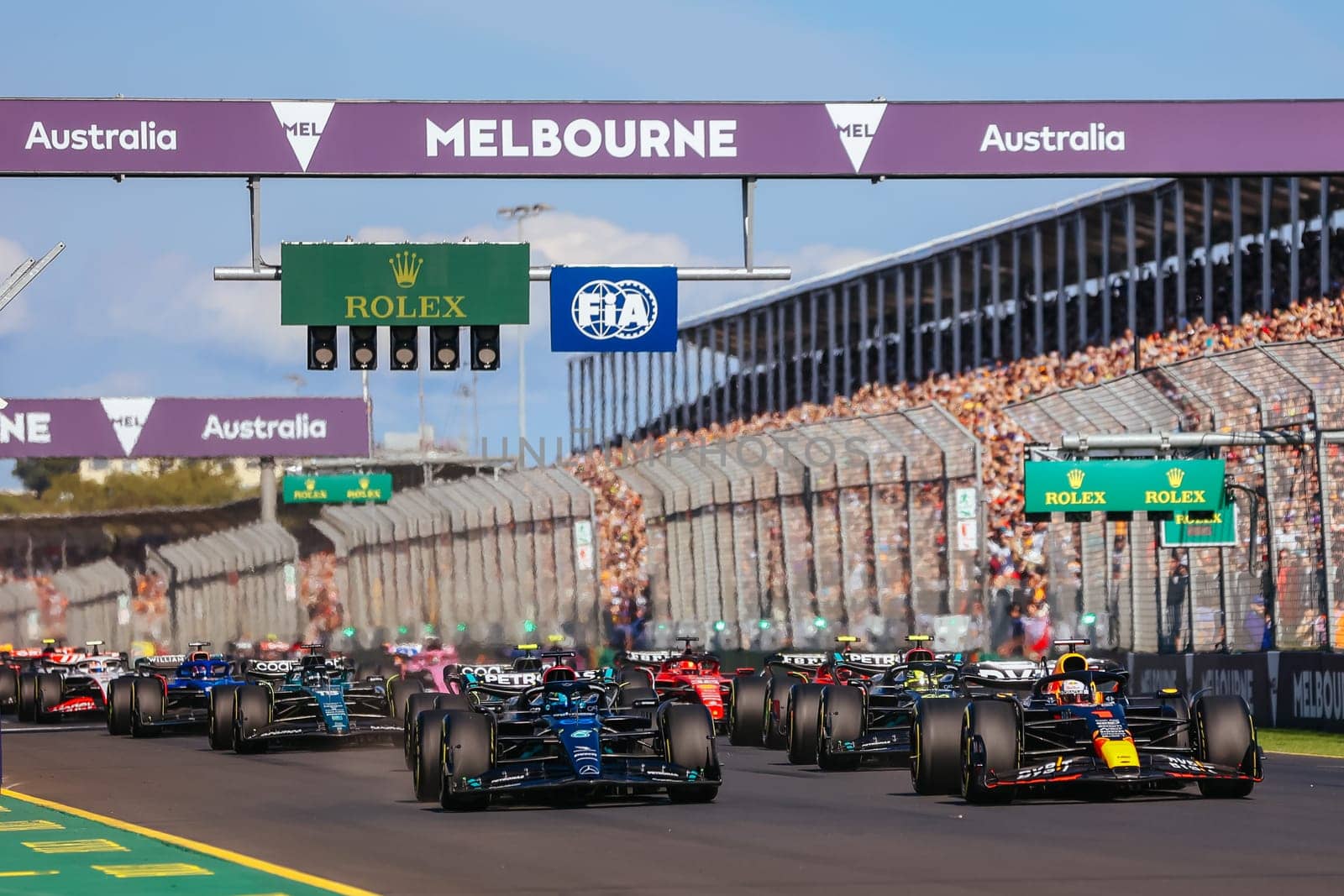 MELBOURNE, AUSTRALIA - APRIL 2: Max Verstappen of the Netherlands leads on race start at the 2023 Australian Formula 1 Grand Prix on 2nd April 2023