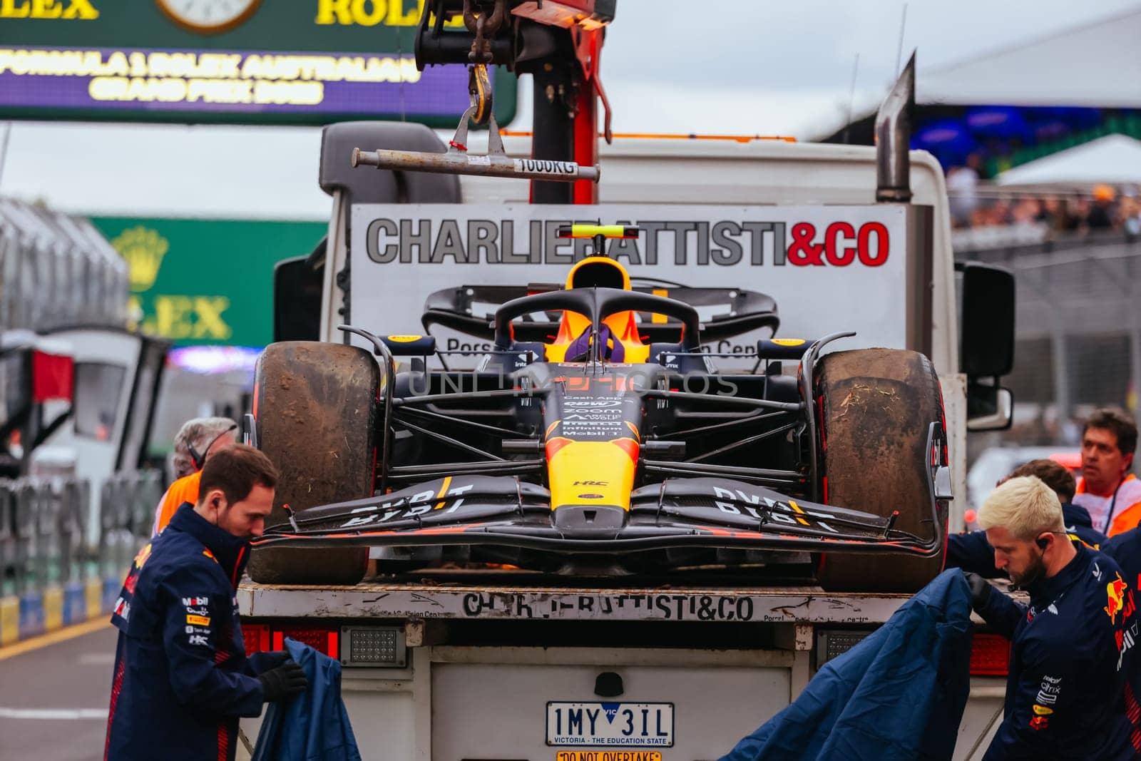 MELBOURNE, AUSTRALIA - APRIL 01: The damaged Oracle Red Bull Racing RB19 of Sergio Perez of Mexico after qualifying at the 2023 Australian Grand Prix at Albert Park in Melbourne, Australia