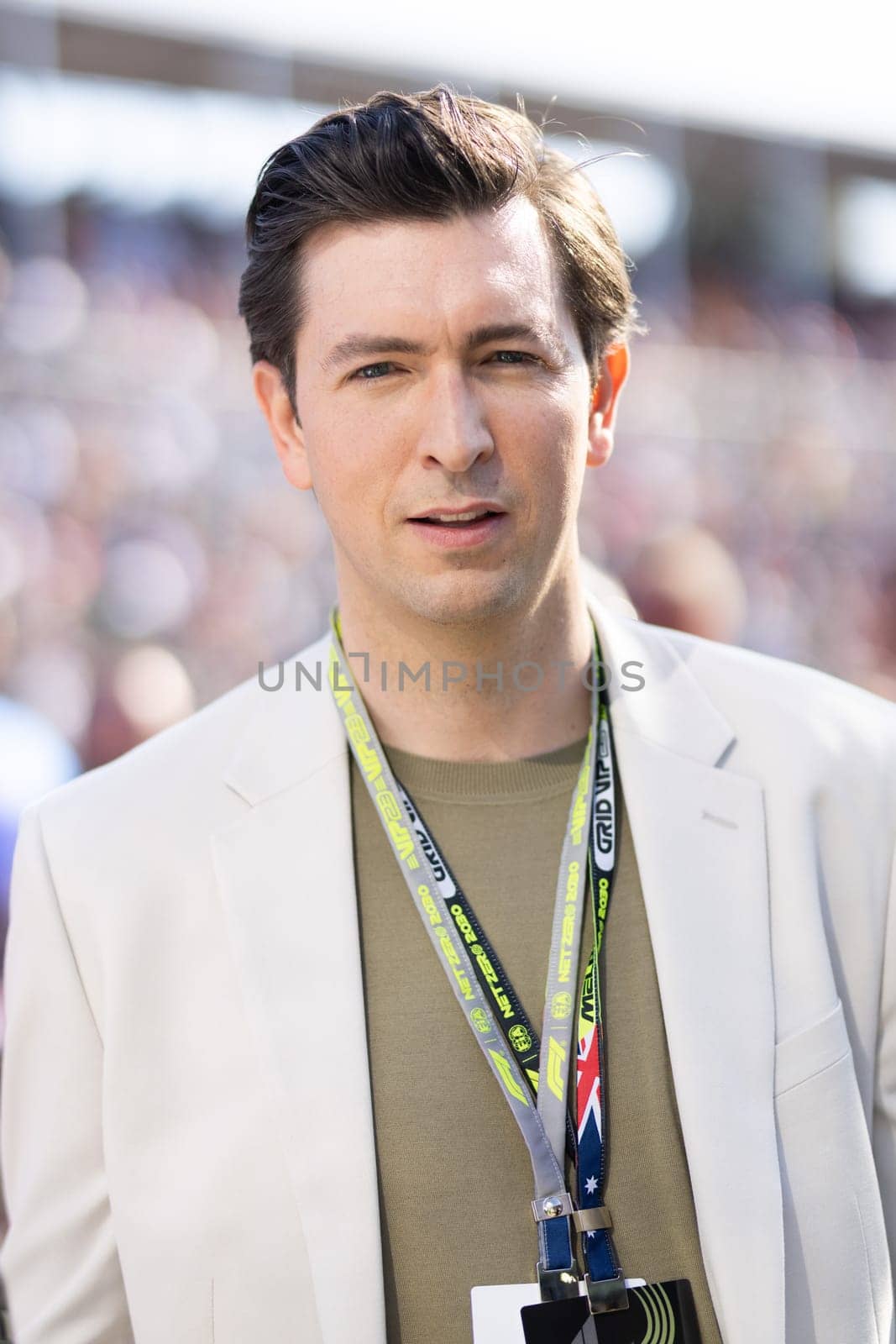 MELBOURNE, AUSTRALIA - APRIL 2: Succession actor Nicholas Braun on the grid before race start during the 2023 Australian Grand Prix at Albert Park on April 2, 2023 in Melbourne, Australia.