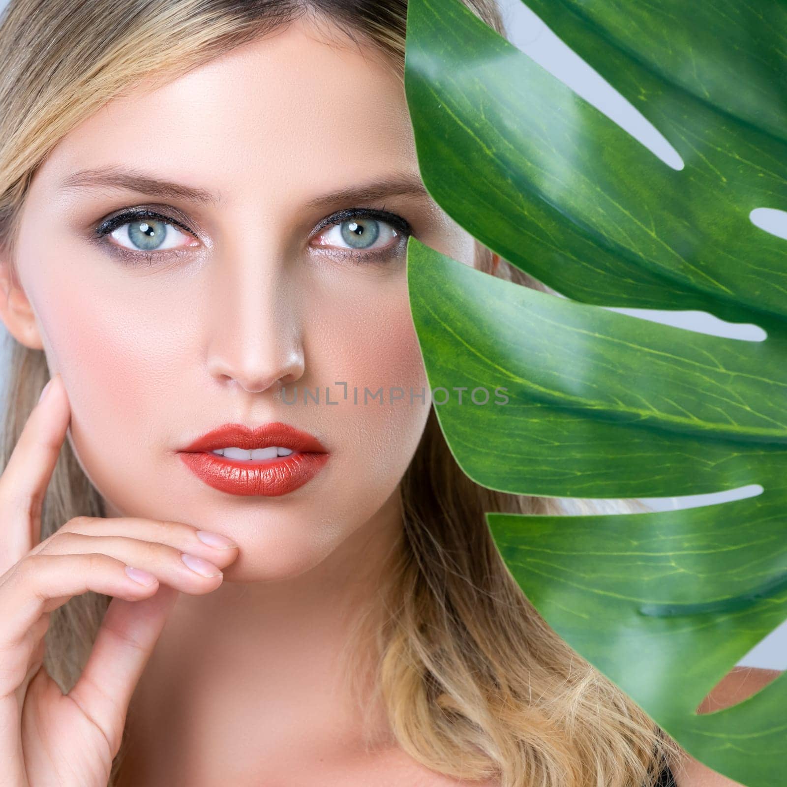 Closeup woman with perfect clean skin and alluring flawless natural soft facial makeup holding green leave monstera. Natural skincare treatment beauty or spa concept in isolated background.