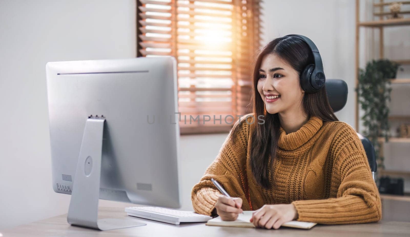 Asian girl student online learning class study online video call zoom teacher, Happy asian girl learn english language online with computer laptop.. by wichayada