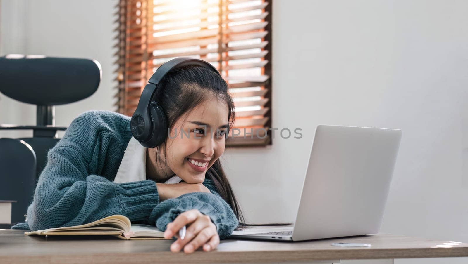 Asian girl student online learning class study online video call zoom teacher, Happy asian girl learn english language online with computer laptop....