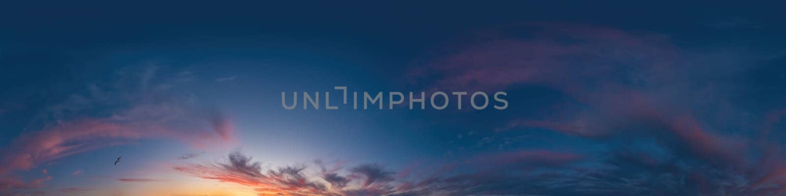 Blue evening sky seamless panorama spherical equirectangular 360 degree view with Cumulus clouds, setting sun. Full zenith for use in 3D graphics, game and aerial drone panoramas as sky replacement. by Matiunina
