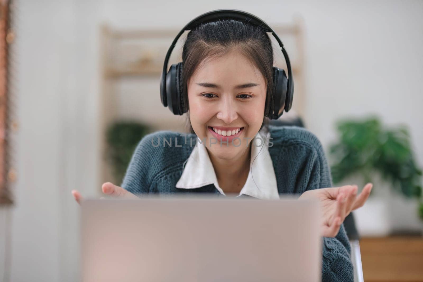 Asian girl student online learning class study online video call zoom teacher, Happy asian girl learn english language online with computer laptop....