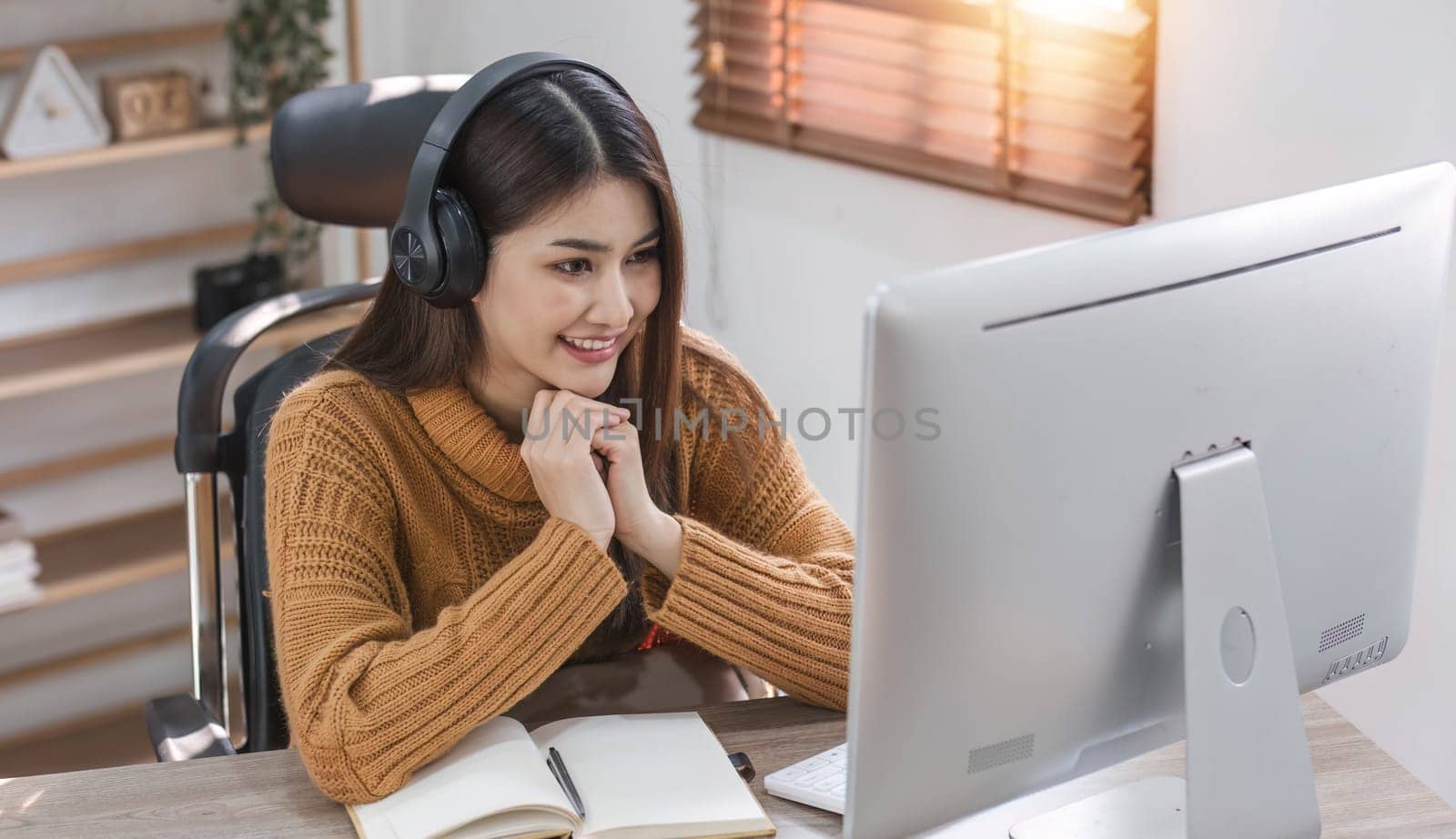 Asian girl student online learning class study online video call zoom teacher, Happy asian girl learn english language online with computer laptop....