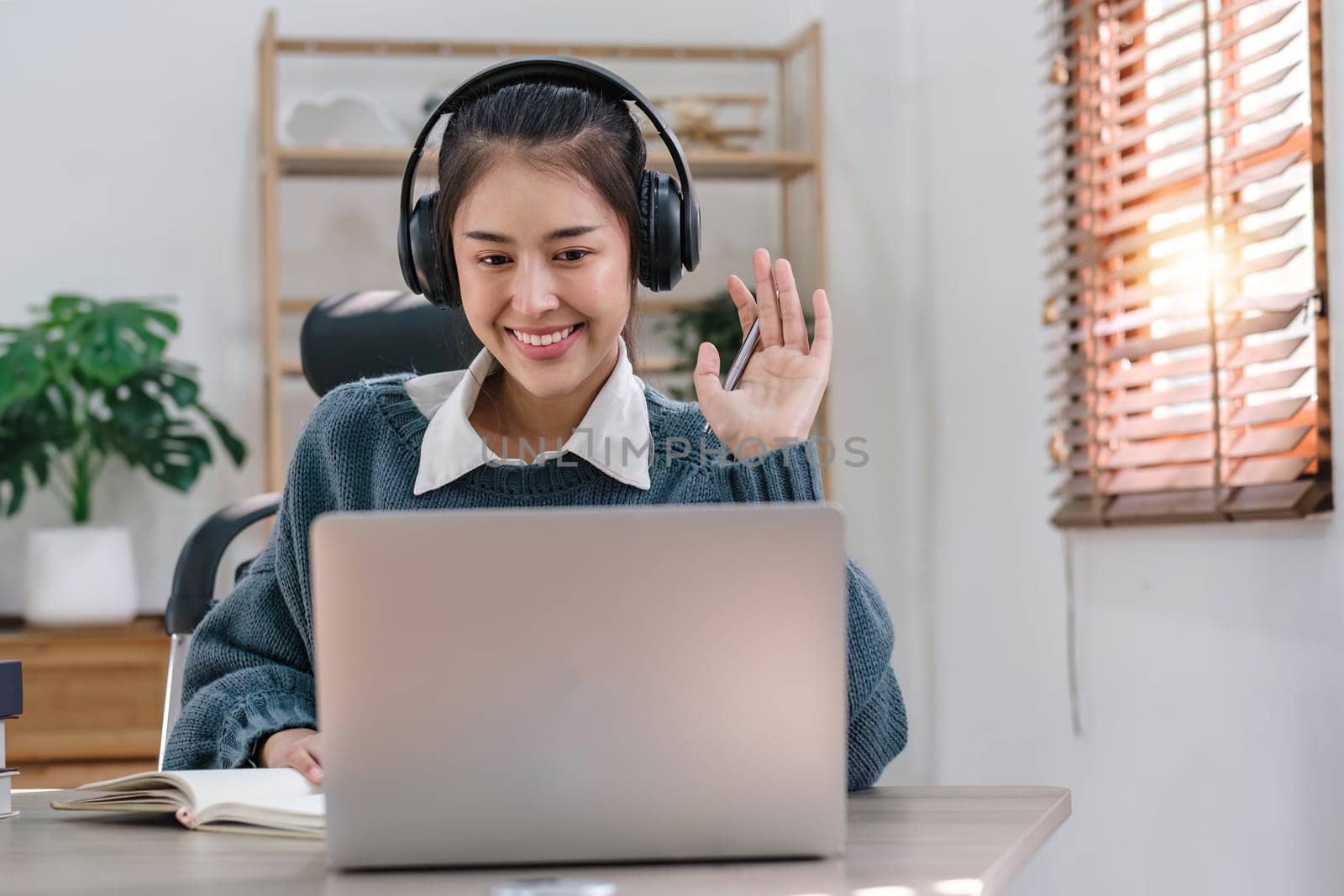 Asian girl student online learning class study online video call zoom teacher, Happy asian girl learn english language online with computer laptop....