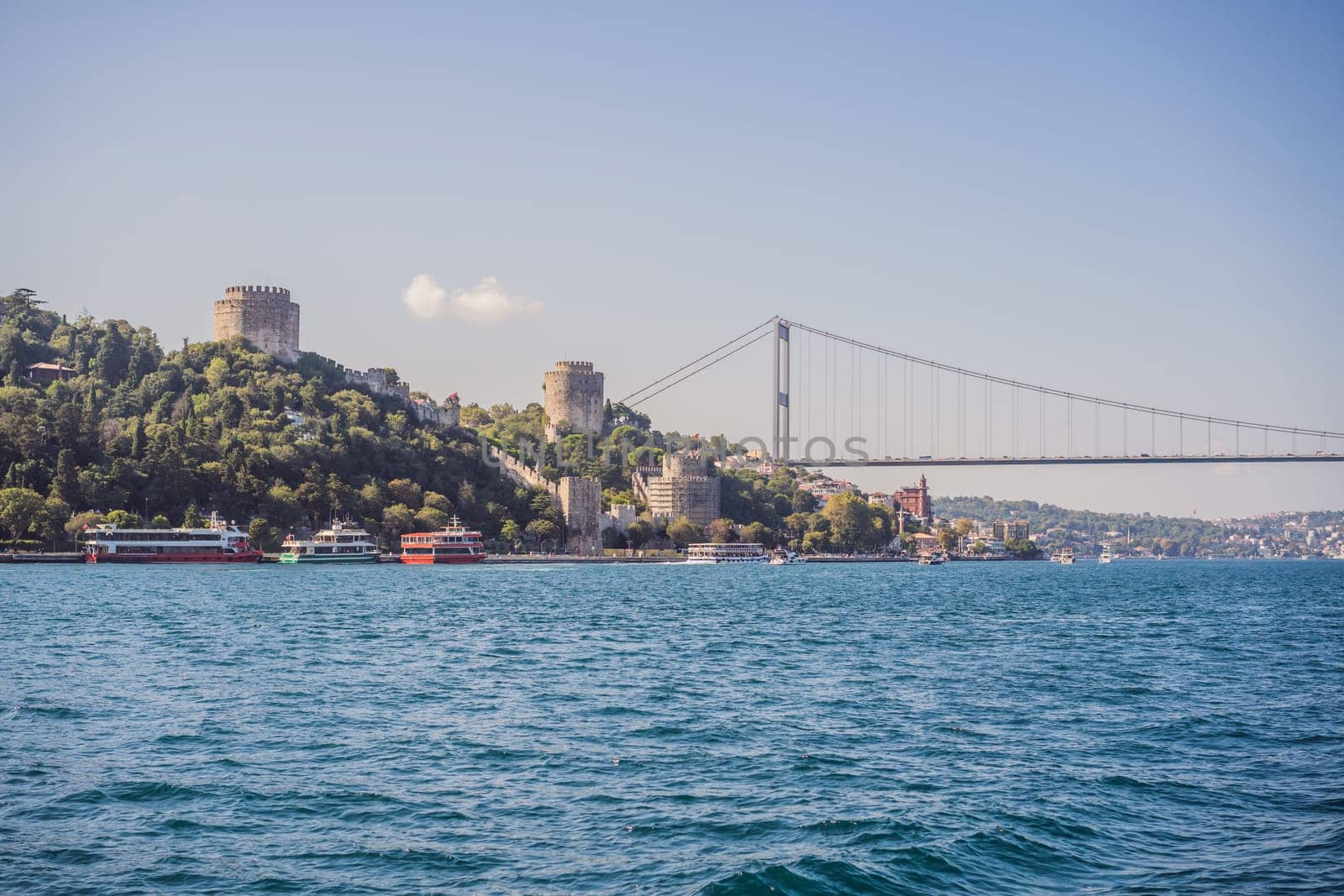 Turkey, Istanbul, houses below Fatih Sultan Mehmet Bridge on Bosphorus Strait.