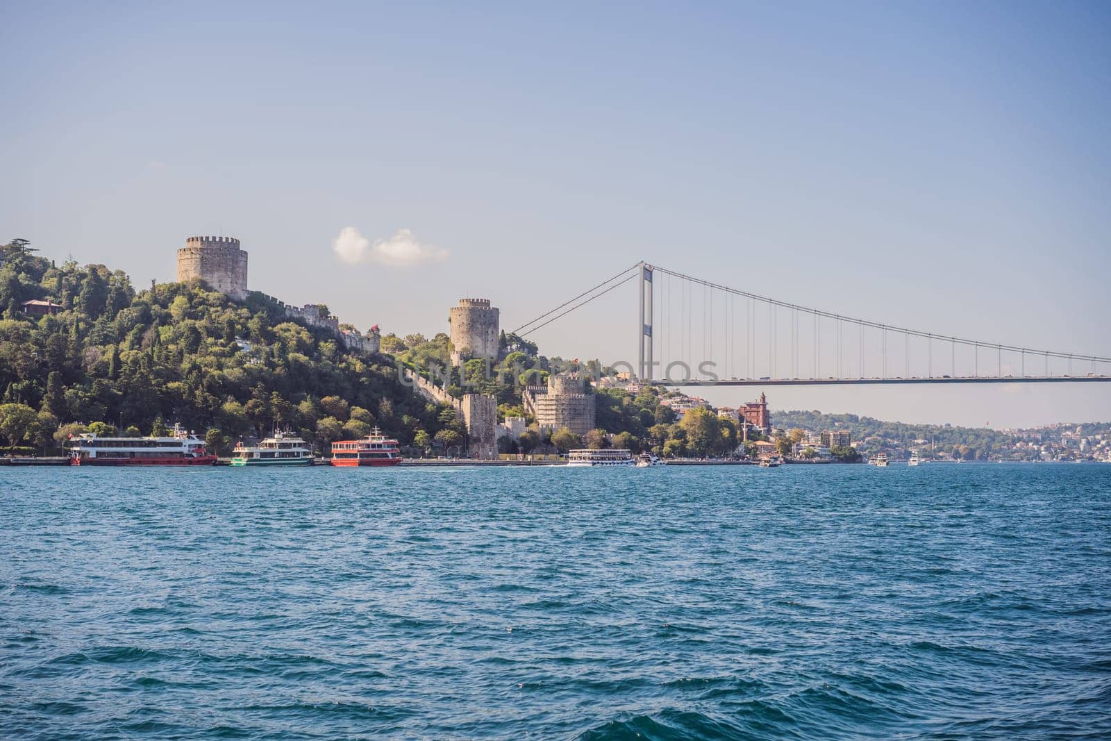 Turkey, Istanbul, houses below Fatih Sultan Mehmet Bridge on Bosphorus Strait by galitskaya