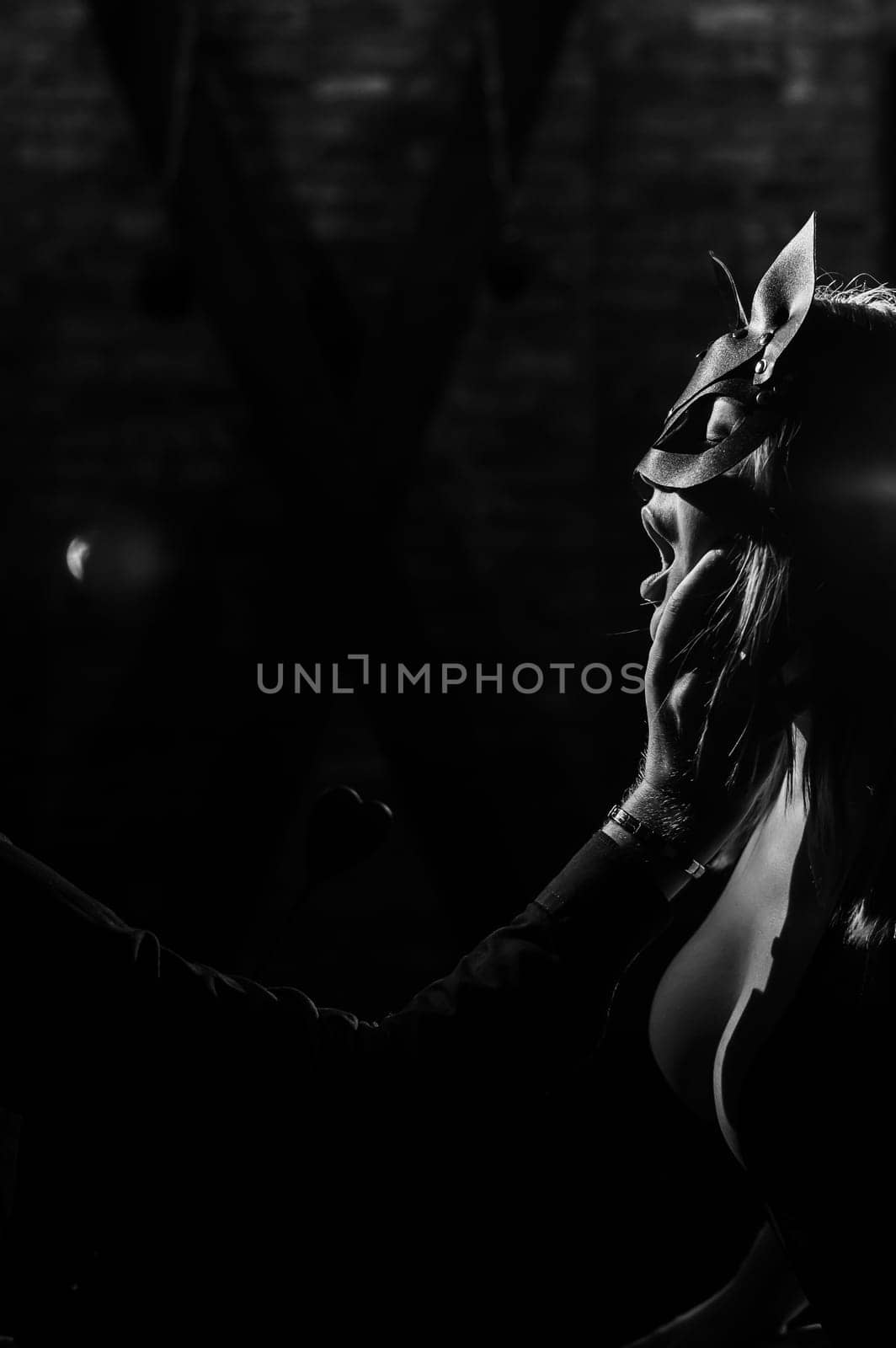 A man in a shirt holds a hand on his face a submissive lover. Portrait Woman in a leather cat mask with sensual puffy lips. BDSM Games for adults. Monochrome photo