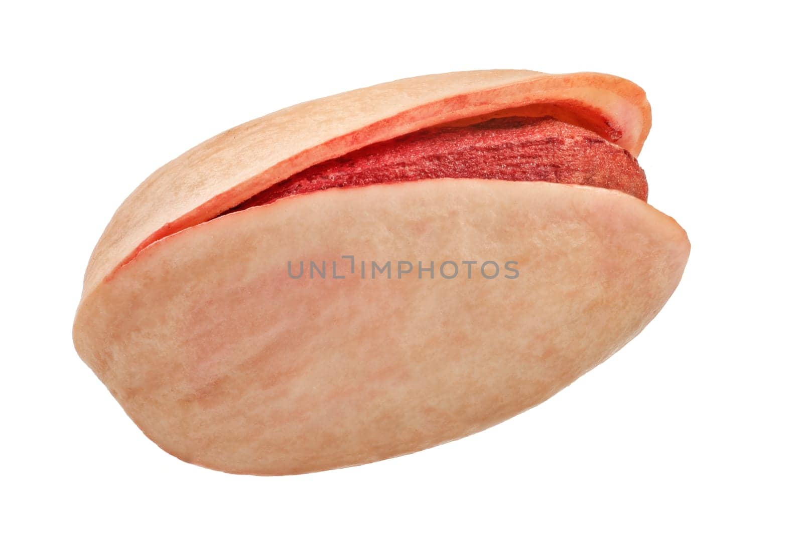 Single red Turkish pistachio isolated on white background without shadows.