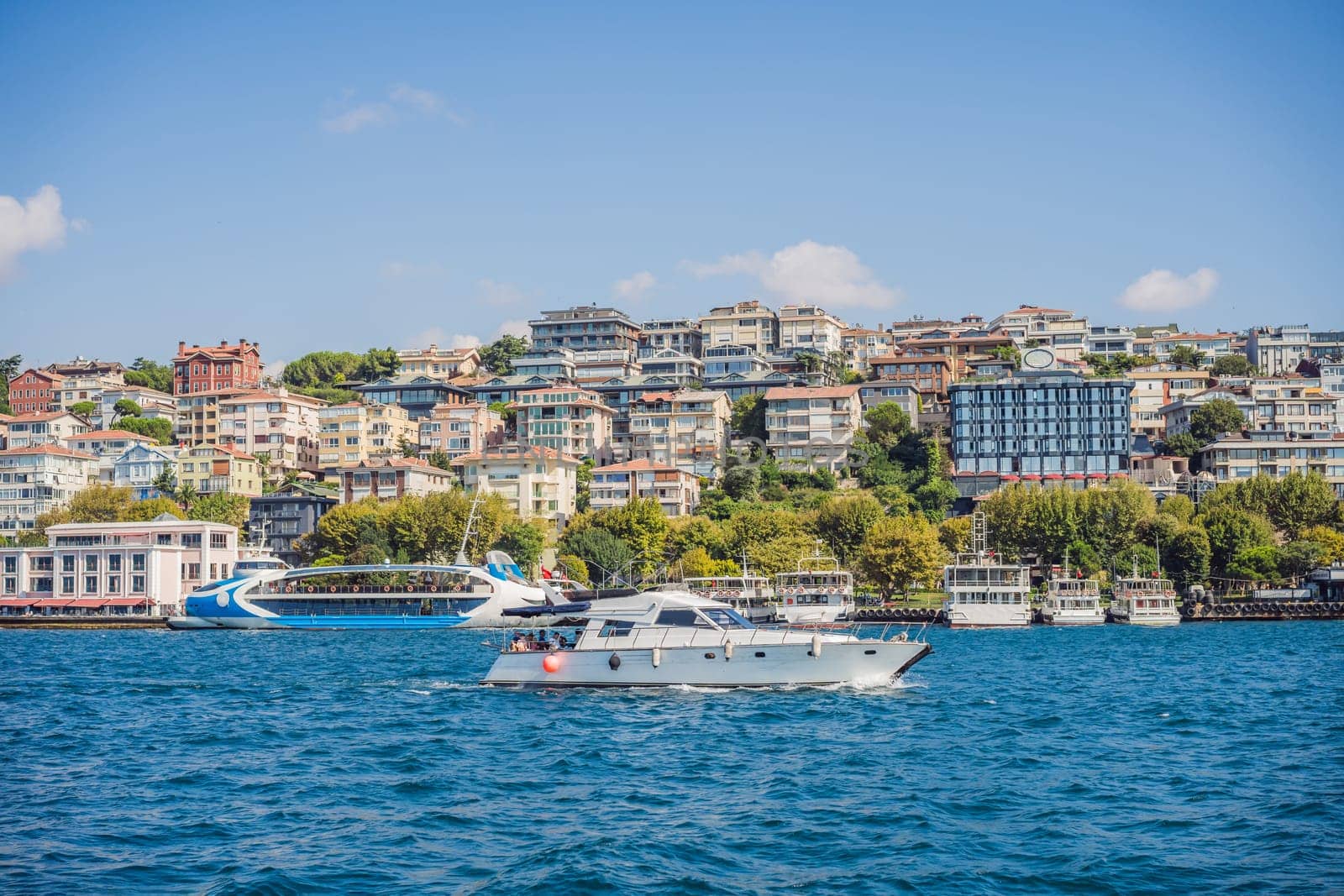 Muslim architecture and water transport in Turkey - Beautiful View touristic landmarks from sea voyage on Bosphorus by galitskaya