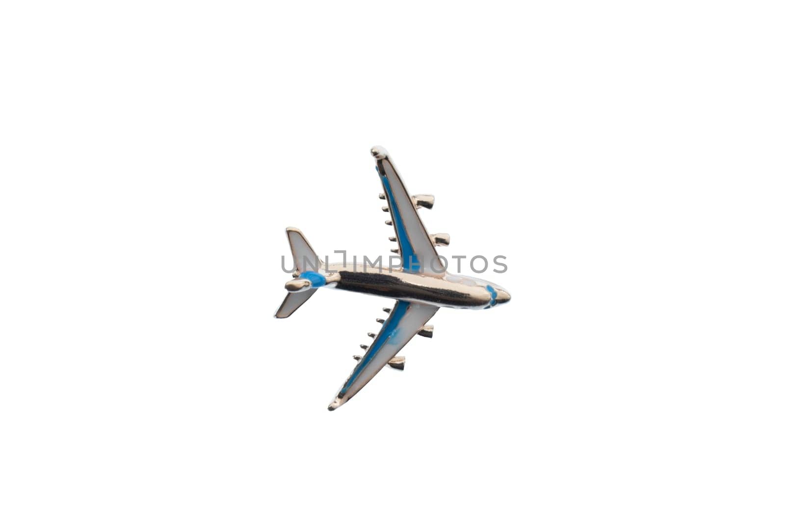 Silver and blue miniature airplane on a white background, isolated, clipping path. High quality photo