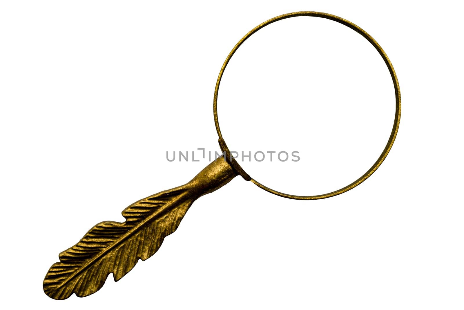 Vintage antique magnifying glass with a brass handle isolated on white, cut out in center. High quality photo