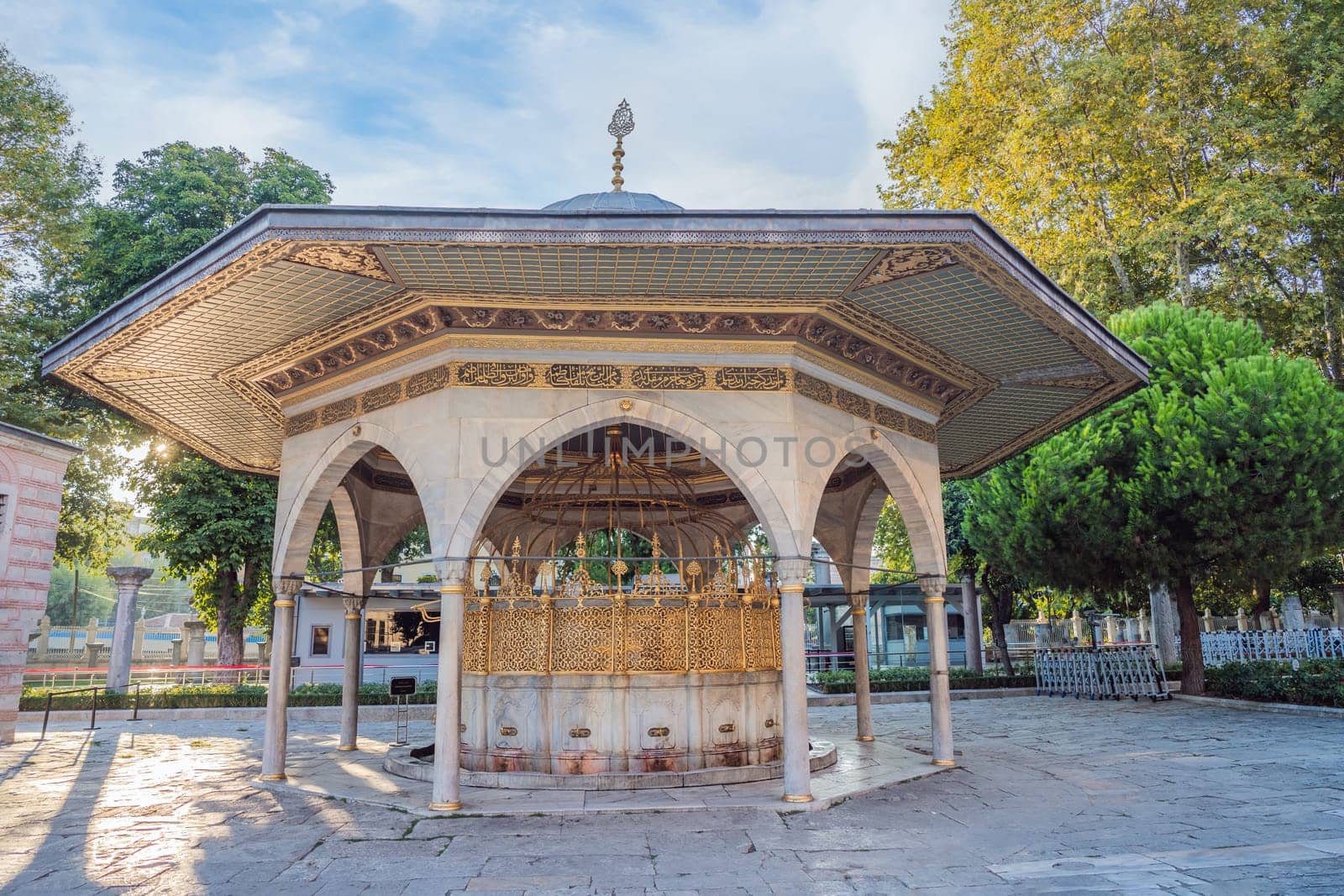 Sunny day architecture and Hagia Sophia Museum, in Eminonu, istanbul, Turkey. Turkiye.