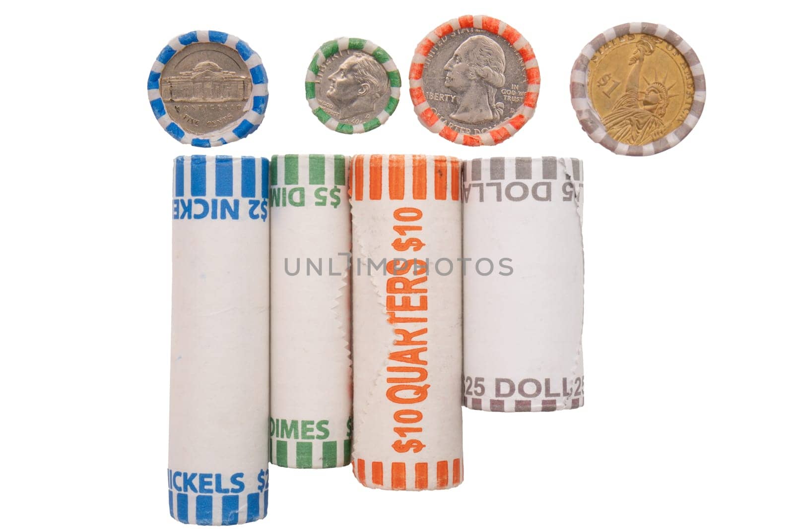 Side and top views of US coins in roll wrappers isolated on a white background. High quality photo