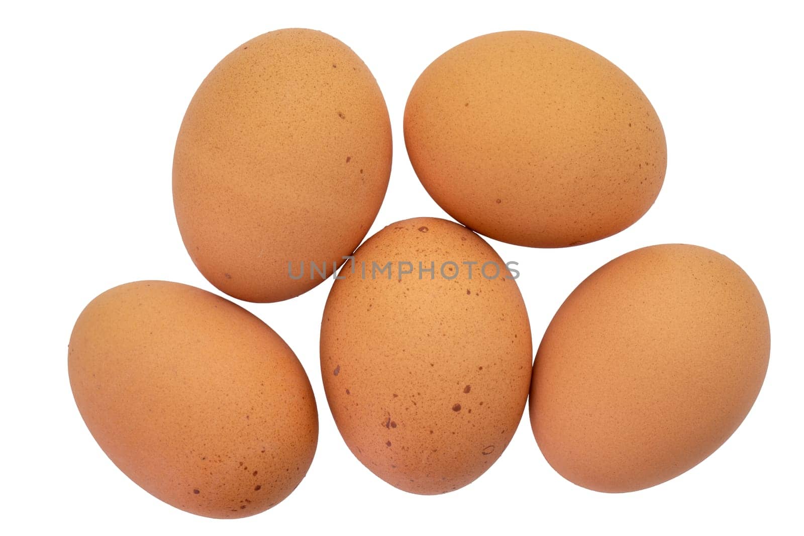 Top view of five brown speckled eggs isolated on a white background with clipping paths. High quality photo