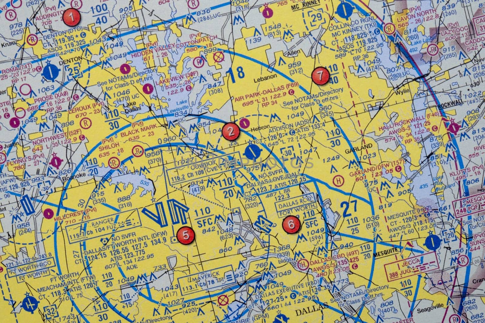 Close up detail of an aviation sectional navigation map showing Dallas airspace flight restrictions. High quality photo