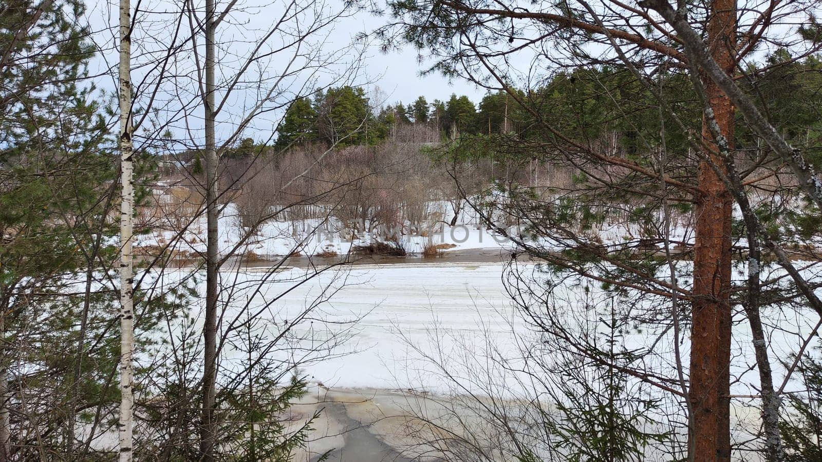 Beautiful landscape with a river with ice on sunny spring day