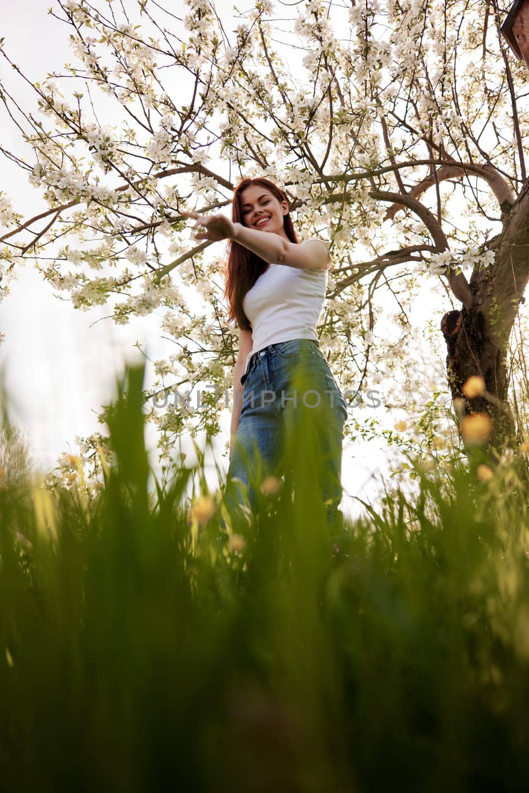 cute woman in light clothes posing next to a flowering tree in the countryside. High quality photo
