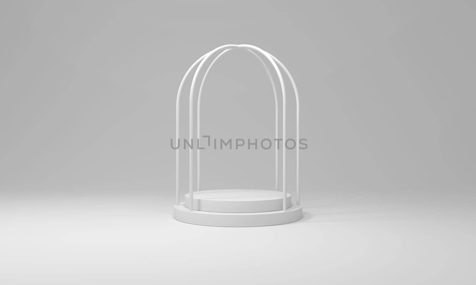 Cage with podium on white background for display products. 3d rendering.
