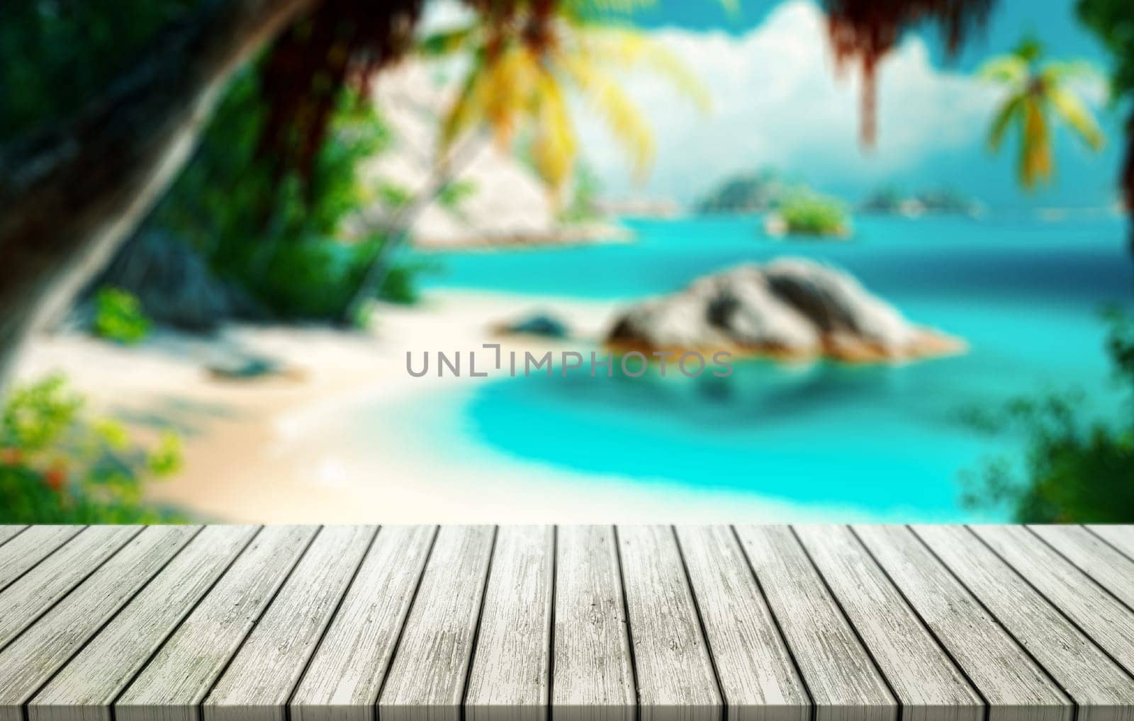 Top of wood table with blurred sea and coconut tree background. Concept of beach in summer.