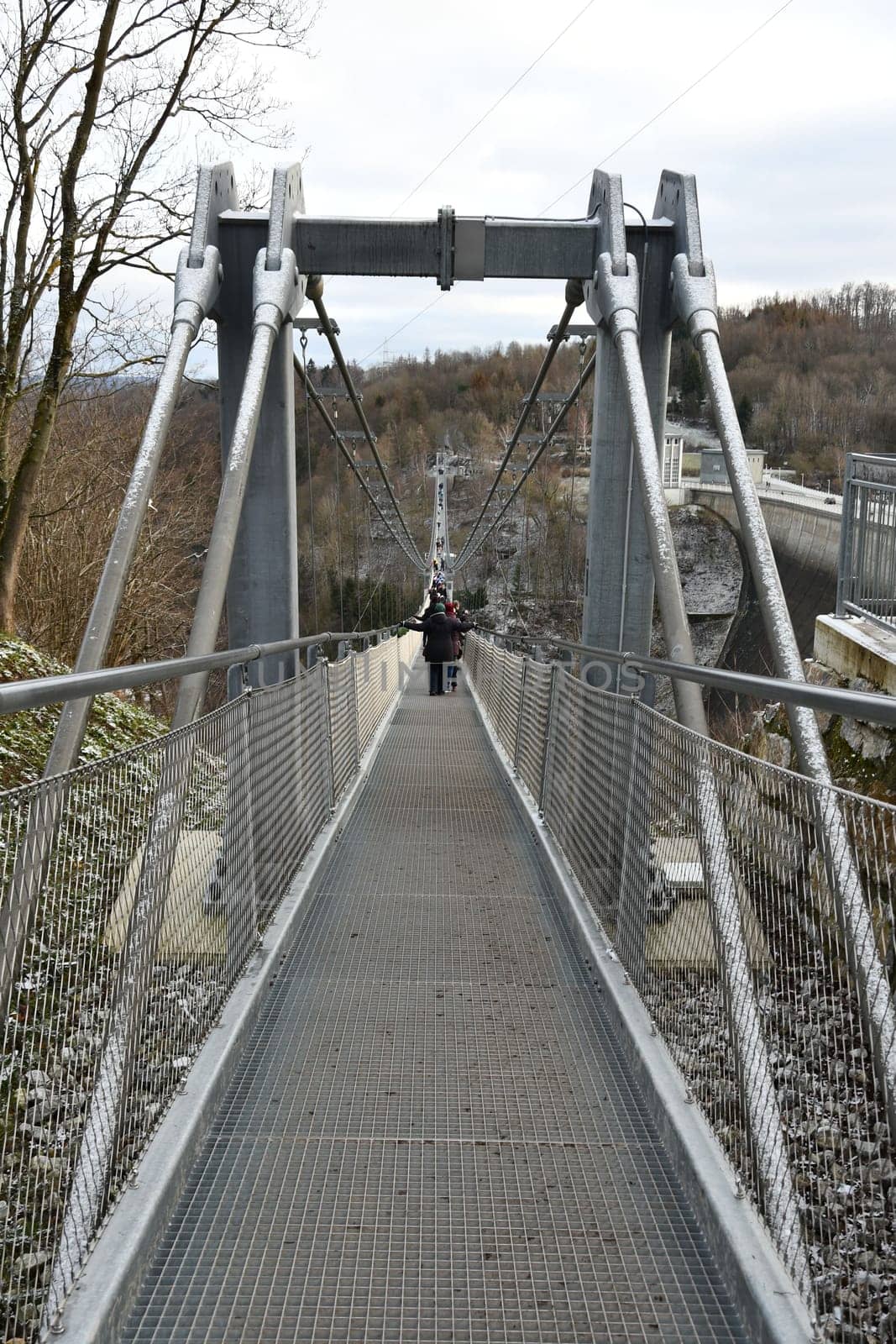 Vertical back view of people walking on the Titan RT giant suspension bridge in the Harz Mountains