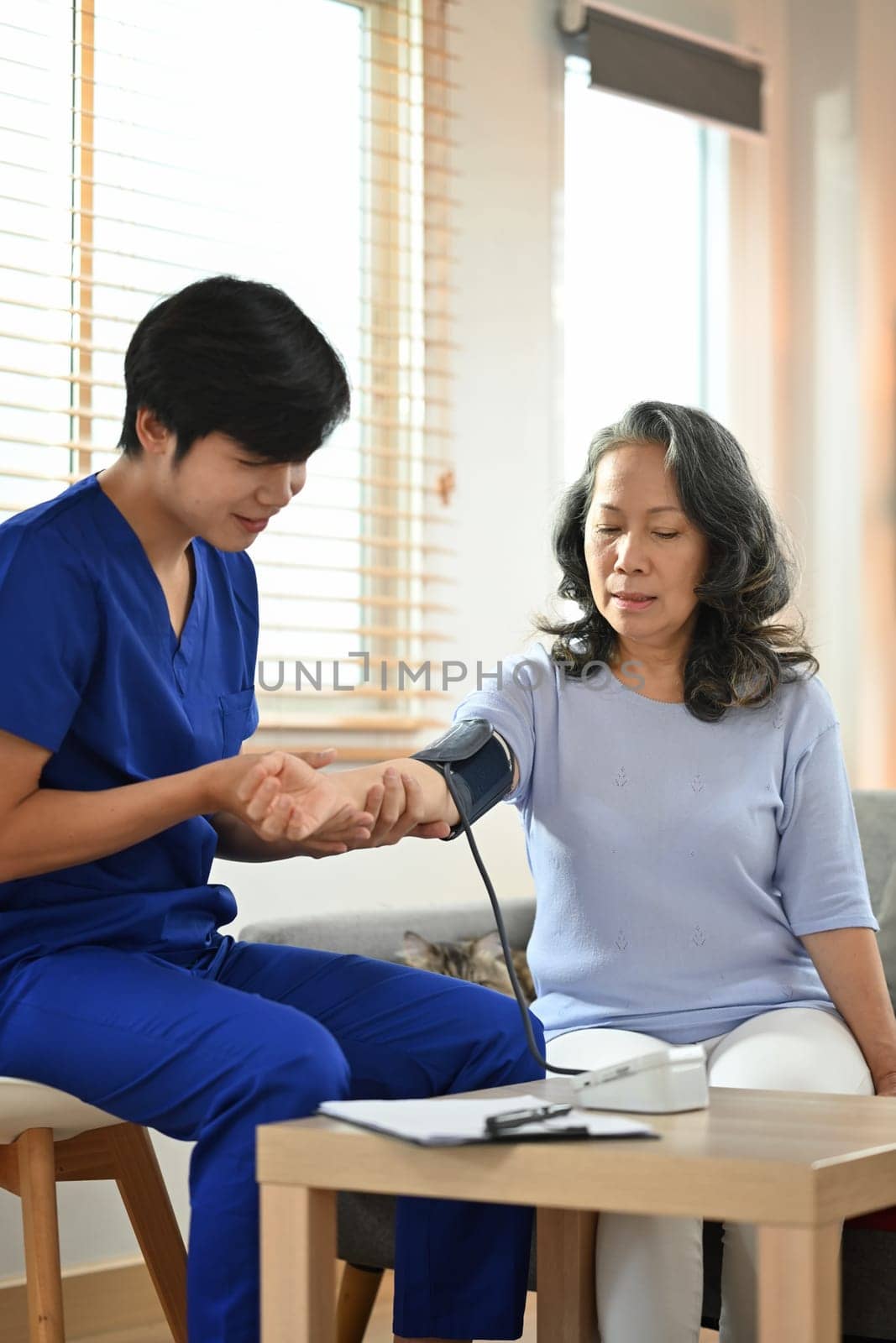 Health visitor measuring blood pressure middle age woman during home visit. Healthcare and Home health care service concept.