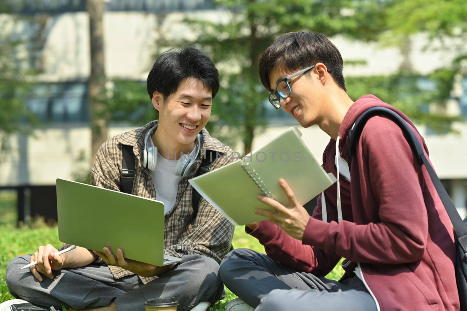 Two asian college student making research, working on group project on laptop at outdoor on green lawn at university by prathanchorruangsak