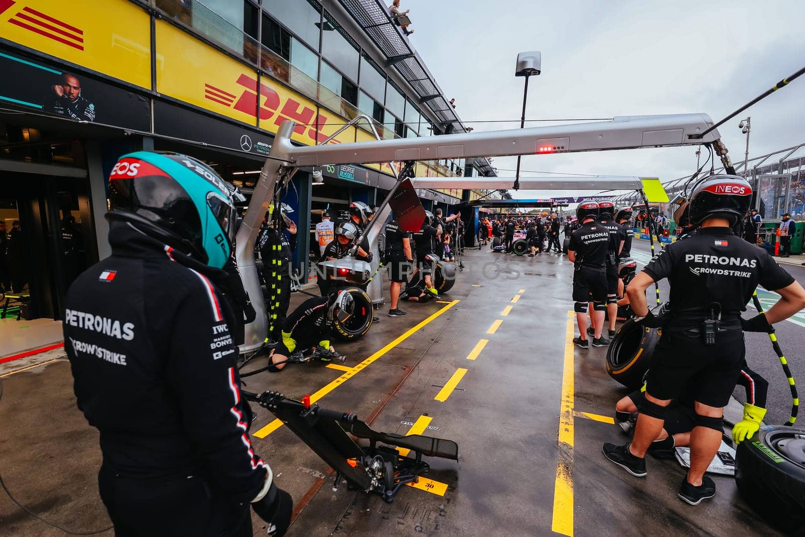 MELBOURNE, AUSTRALIA - MARCH 31: Mercedes-AMG PETRONAS Formula One Team at the 2023 Australian Formula 1 Grand Prix on 31st March 2023