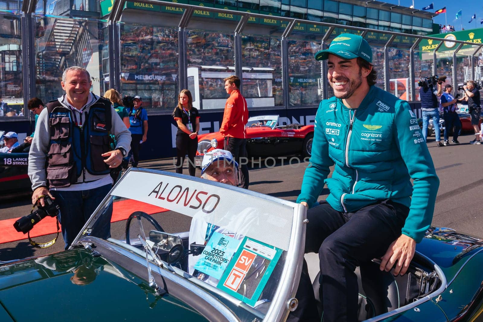 MELBOURNE, AUSTRALIA - APRIL 2: Fernando Alonso of Spain driving for Aston Martin Aramco Cognizant Formula One Team at the drivers parade before the start of the main race at the 2023 Australian Formula 1 Grand Prix on 2nd April 2023