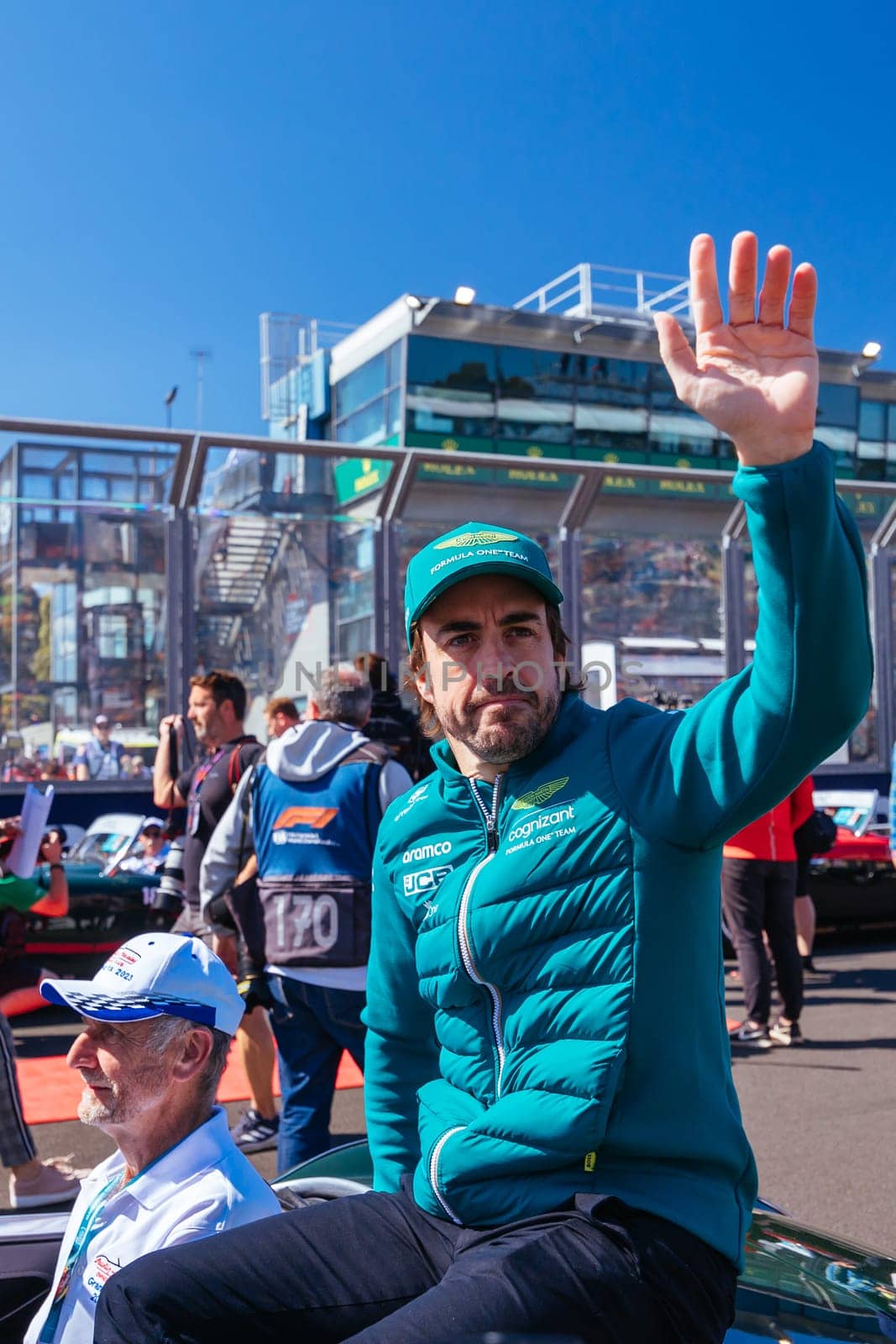 MELBOURNE, AUSTRALIA - APRIL 2: Fernando Alonso of Spain driving for Aston Martin Aramco Cognizant Formula One Team at the drivers parade before the start of the main race at the 2023 Australian Formula 1 Grand Prix on 2nd April 2023