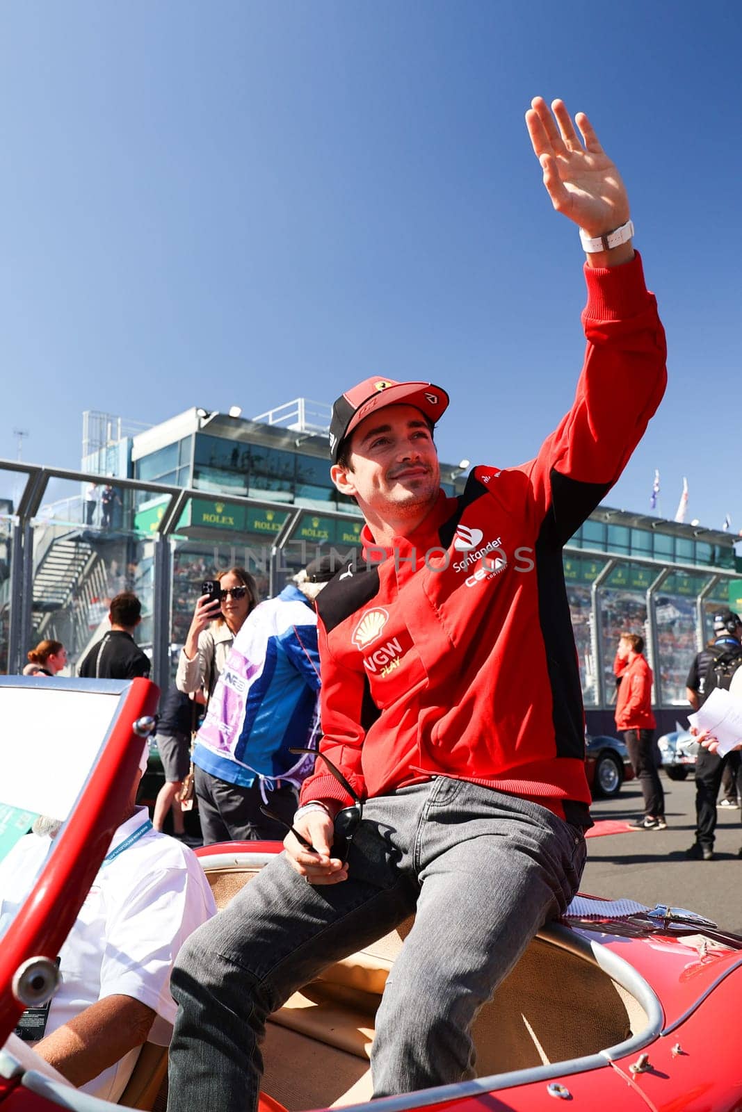 MELBOURNE, AUSTRALIA - APRIL 2: Charles Leclerc of Monaco driving for Scuderia Ferrari at the drivers parade before the start of the main race at the 2023 Australian Formula 1 Grand Prix on 2nd April 2023