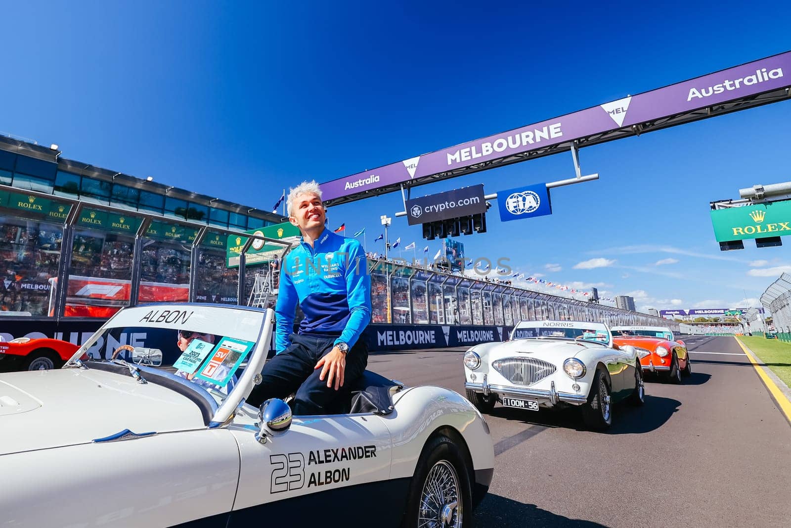 MELBOURNE, AUSTRALIA - APRIL 2: Alexander Albon of Thailand driving for Williams Racing at the drivers parade before the start of the main race at the 2023 Australian Formula 1 Grand Prix on 2nd April 2023