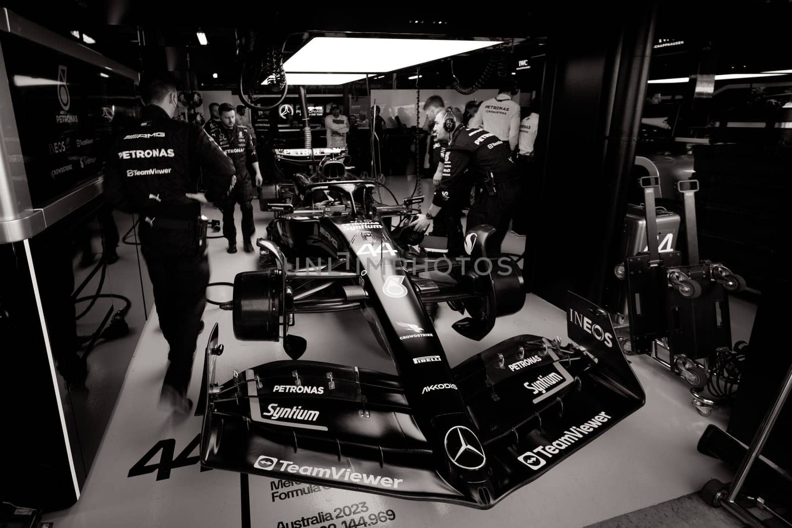 MELBOURNE, AUSTRALIA - APRIL 2: Mercedes-AMG PETRONAS Formula One Team garage before the start of the 2023 Australian Formula 1 Grand Prix on 2nd April 2023