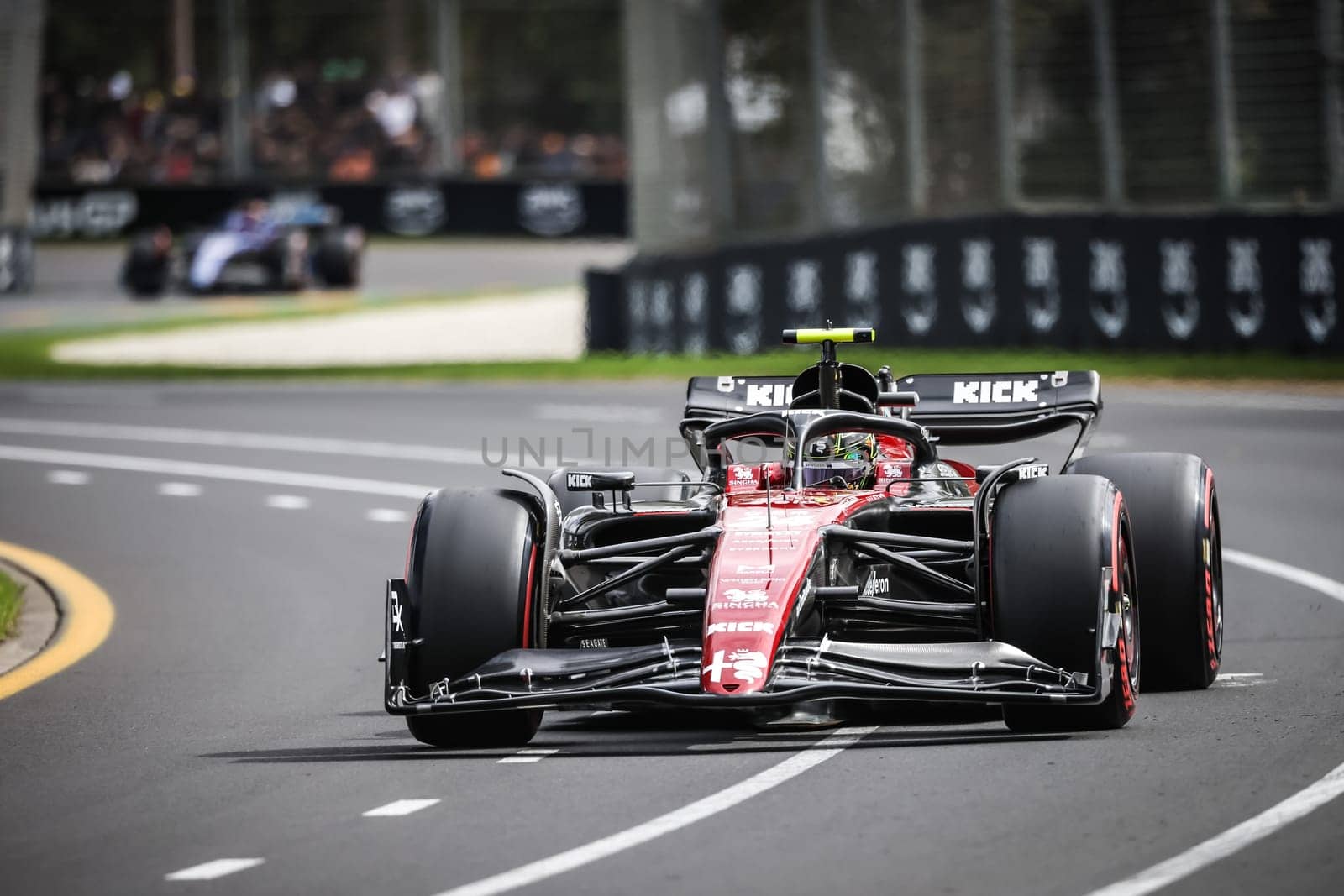 MELBOURNE, AUSTRALIA - APRIL 01: Zhou Guanyu of China drives the Alfa Romeo F1 C43 Ferrari in practice during the 2023 Australian Grand Prix at Albert Park on April 1, 2023 in Melbourne, Australia.