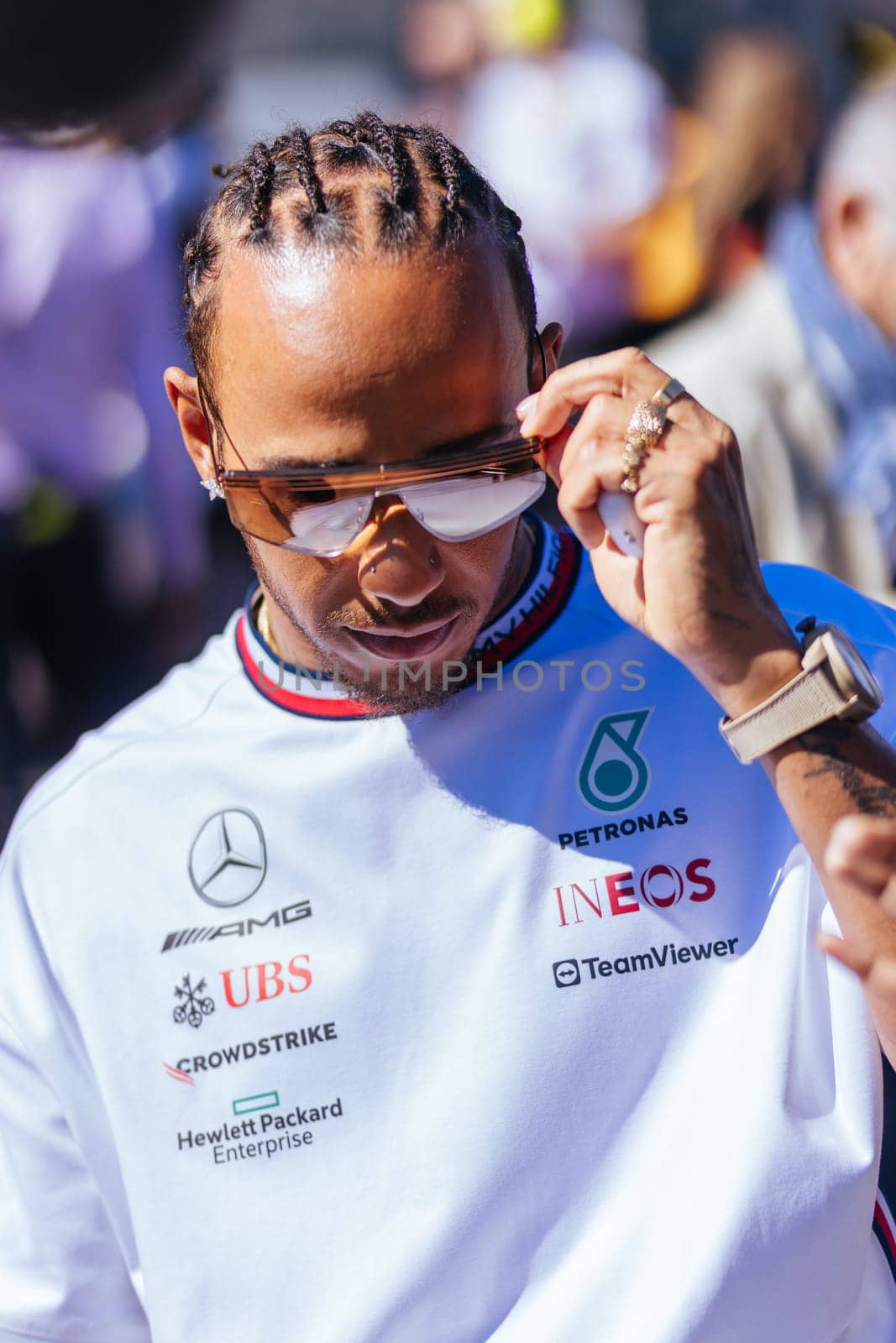 MELBOURNE, AUSTRALIA - APRIL 2: Lewis Hamilton of Great Britain driving for Mercedes-AMG PETRONAS Formula One Team at the drivers parade before the start of the main race at the 2023 Australian Formula 1 Grand Prix on 2nd April 2023