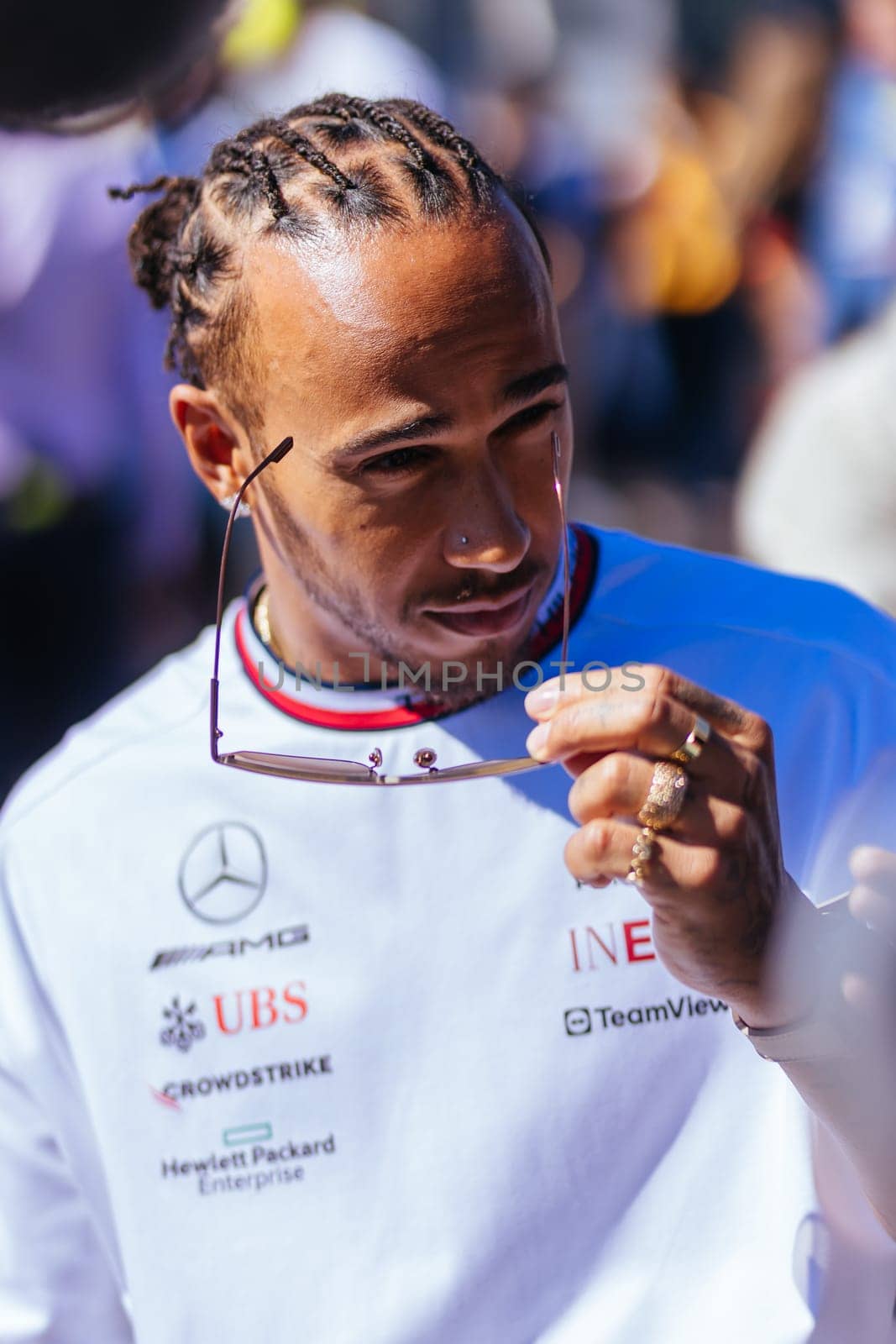 MELBOURNE, AUSTRALIA - APRIL 2: Lewis Hamilton of Great Britain driving for Mercedes-AMG PETRONAS Formula One Team at the drivers parade before the start of the main race at the 2023 Australian Formula 1 Grand Prix on 2nd April 2023