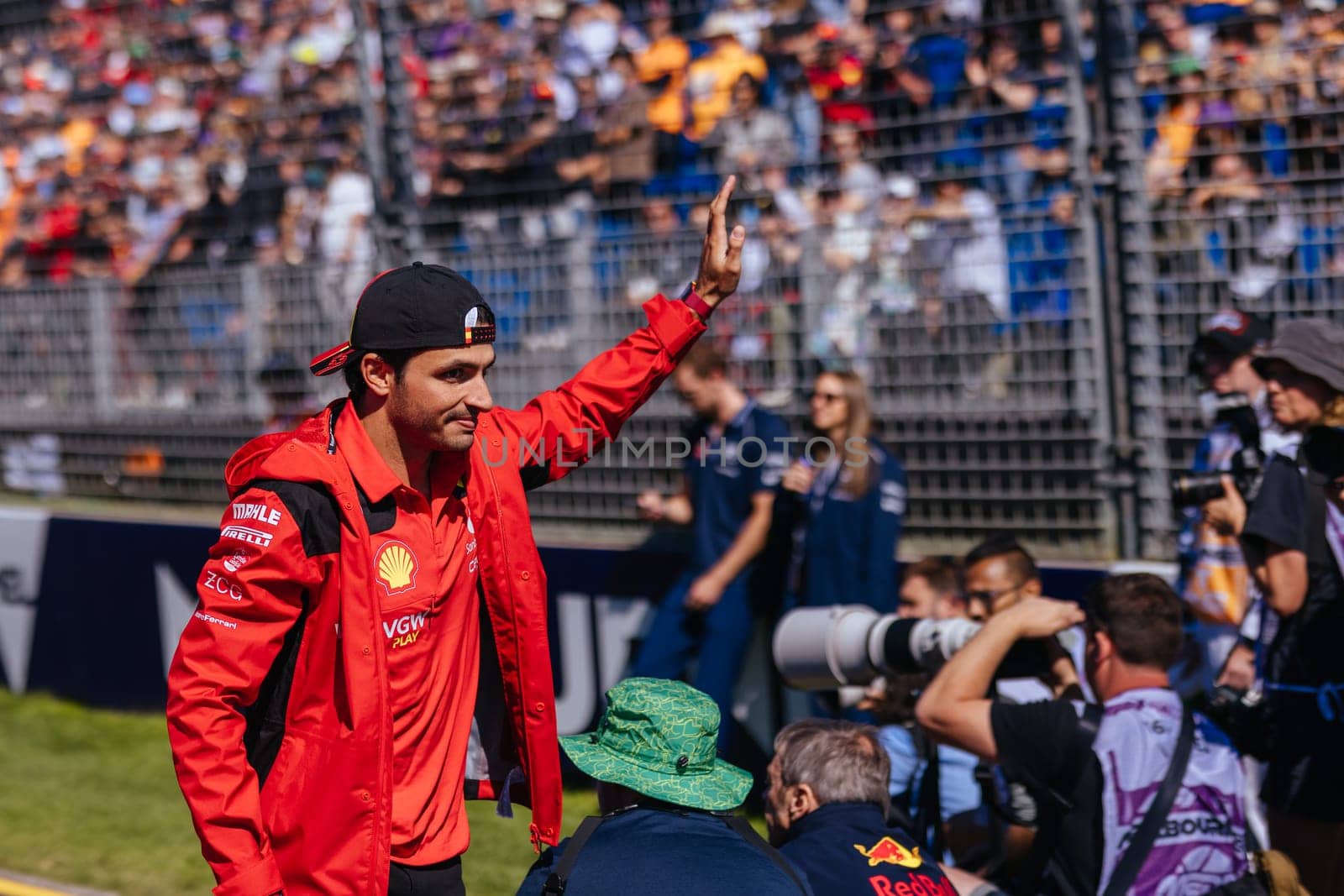 MELBOURNE, AUSTRALIA - APRIL 2: Carlos Sainz of Spain driving for Scuderia Ferrari at the drivers parade before the start of the main race at the 2023 Australian Formula 1 Grand Prix on 2nd April 2023