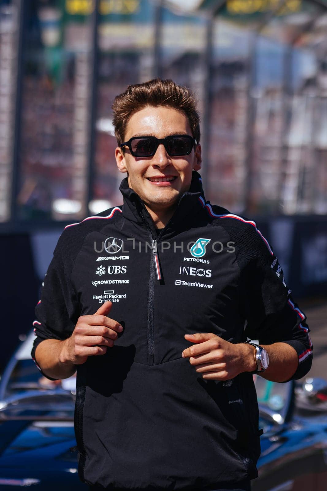 MELBOURNE, AUSTRALIA - APRIL 2: George Russell of Great Britain driving for Mercedes-AMG PETRONAS Formula One Team at the drivers parade before the start of the main race at the 2023 Australian Formula 1 Grand Prix on 2nd April 2023