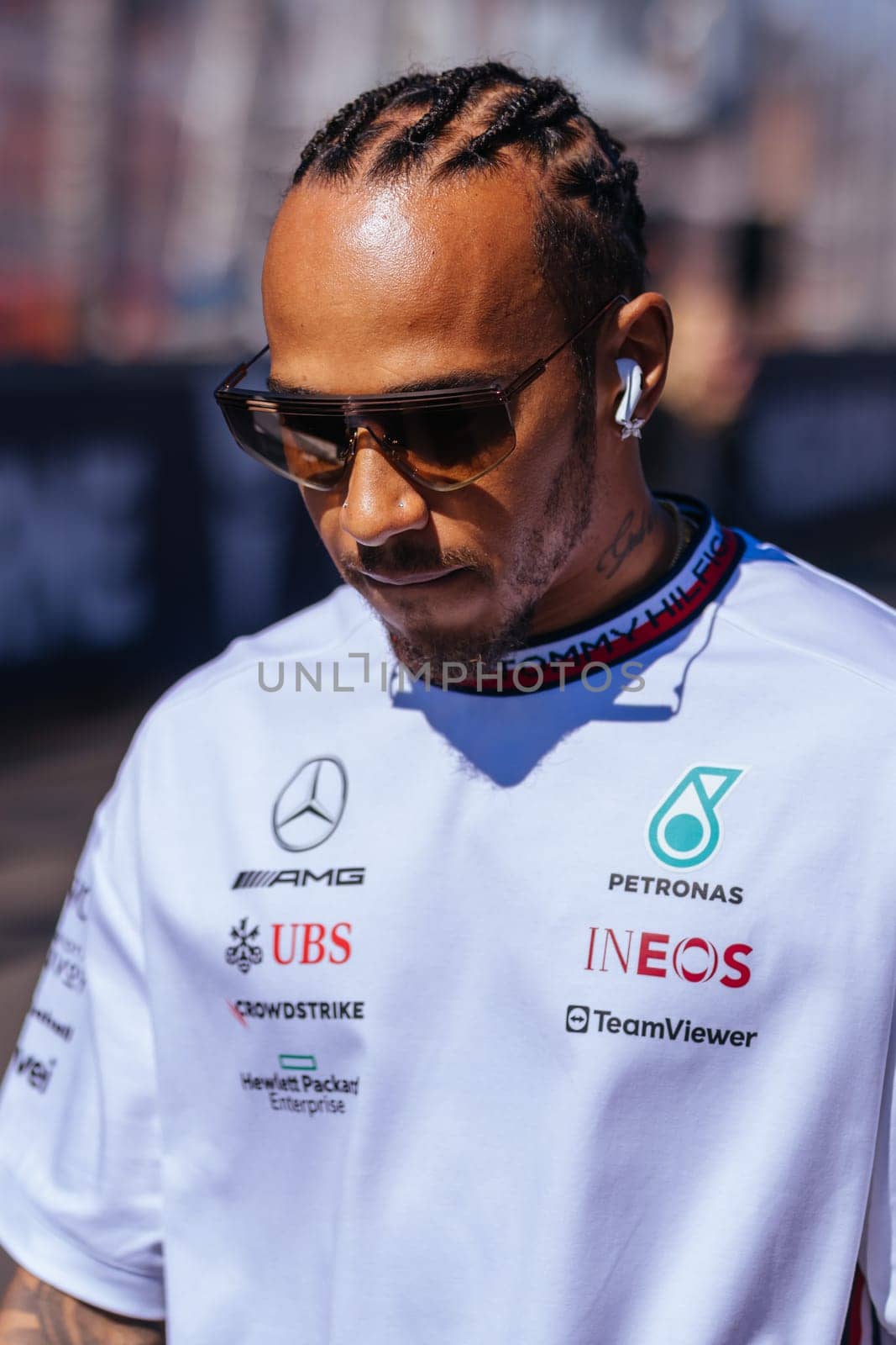 MELBOURNE, AUSTRALIA - APRIL 2: Lewis Hamilton of Great Britain driving for Mercedes-AMG PETRONAS Formula One Team at the drivers parade before the start of the main race at the 2023 Australian Formula 1 Grand Prix on 2nd April 2023