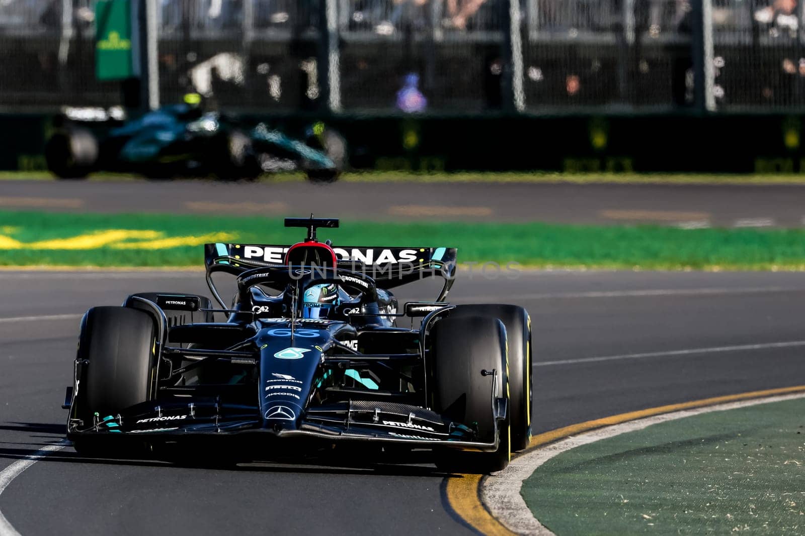 MELBOURNE, AUSTRALIA - APRIL 2: George Russell of Great Britain drives the Mercedes AMG Petronas F1 Team W13 on race day during the 2023 Australian Grand Prix on April 2, 2023 in Melbourne, Australia.