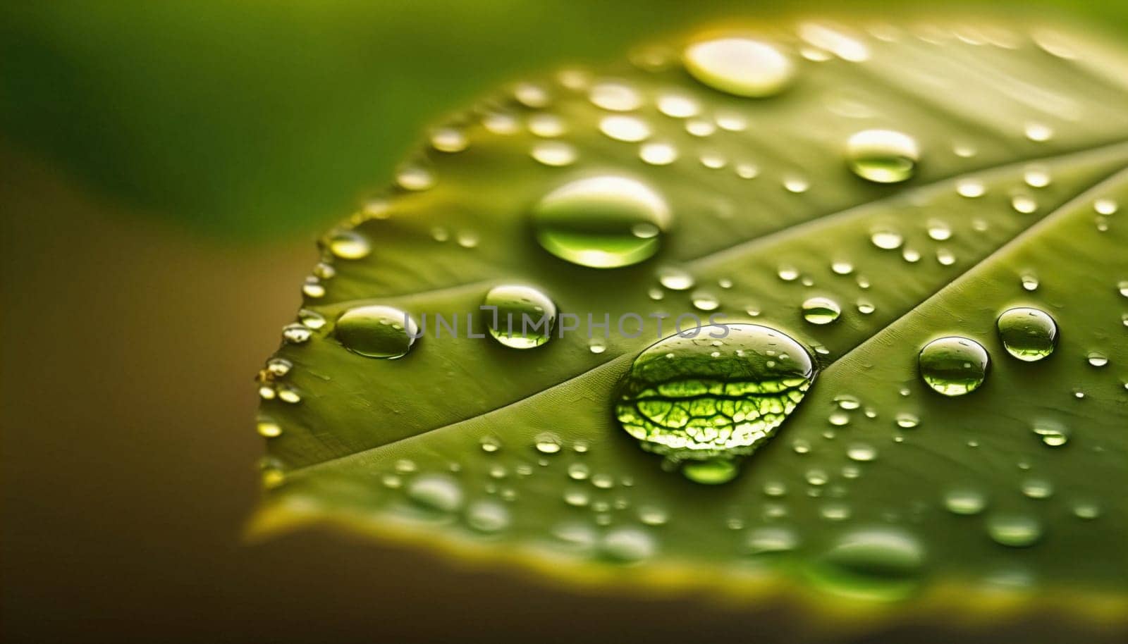 Beautiful drops of transparent rain water on a green leaf macro. Drops of dew in the morning glow in the sun. Beautiful leaf texture in nature. Natural background. download image