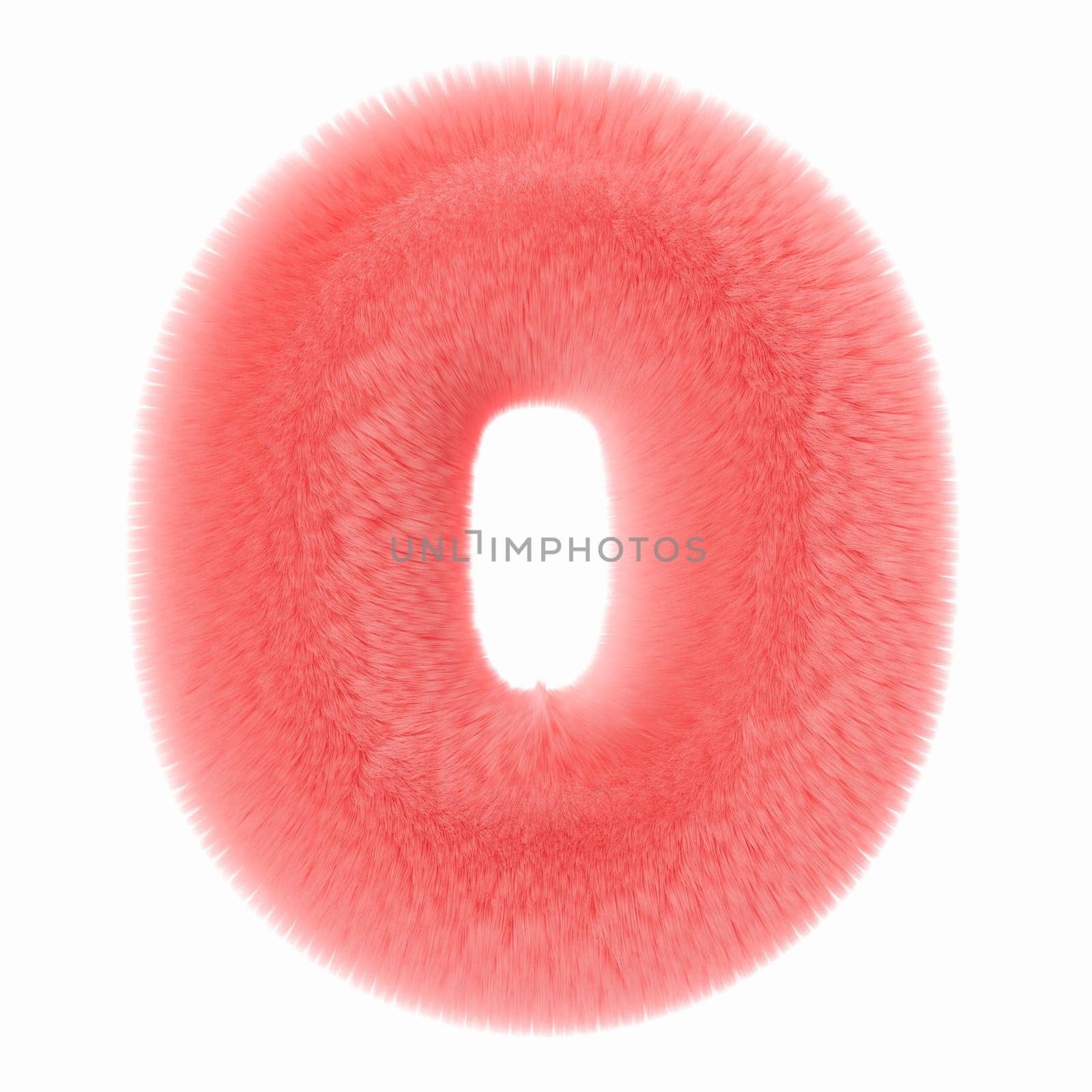 Pink and fluffy 3D number zero, isolated on white background. Furry, soft and hairy symbol 0. Trendy, cute design element. Cut out object. 3D rendering