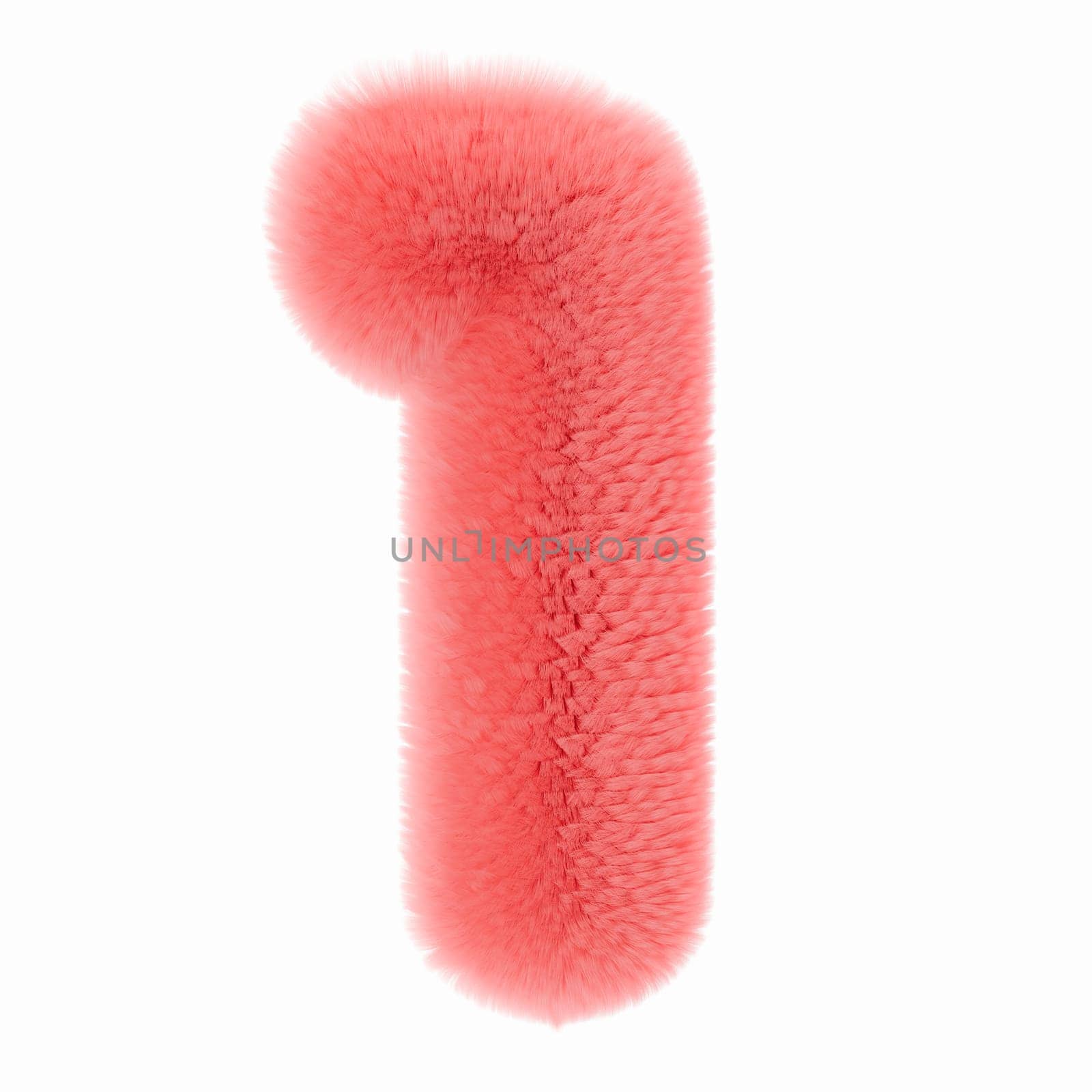 Pink and fluffy 3D number one, isolated on white background. Furry, soft and hairy symbol 1. Trendy, cute design element. Cut out object. 3D rendering