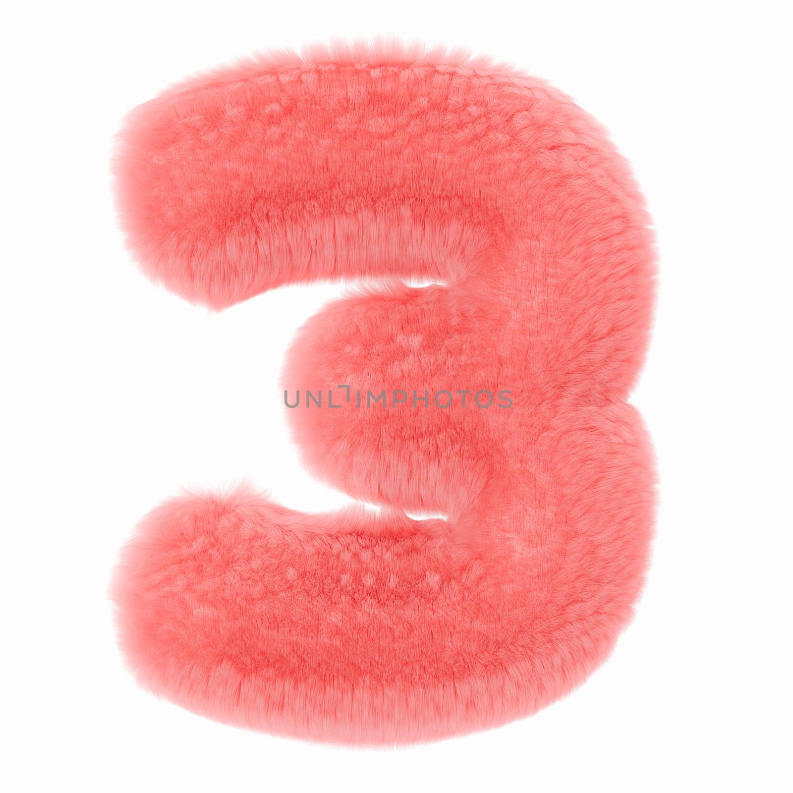 Pink and fluffy 3D number three, isolated on white background. Furry, soft and hairy symbol 3. Trendy, cute design element. Cut out object. 3D rendering