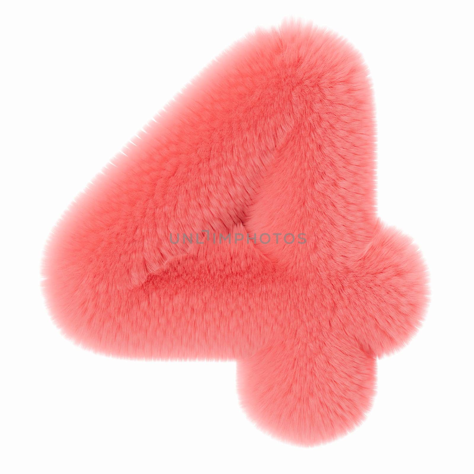 Pink and fluffy 3D number four, isolated on white background. Furry, soft and hairy symbol 4. Trendy, cute design element. Cut out object. 3D rendering. by creativebird